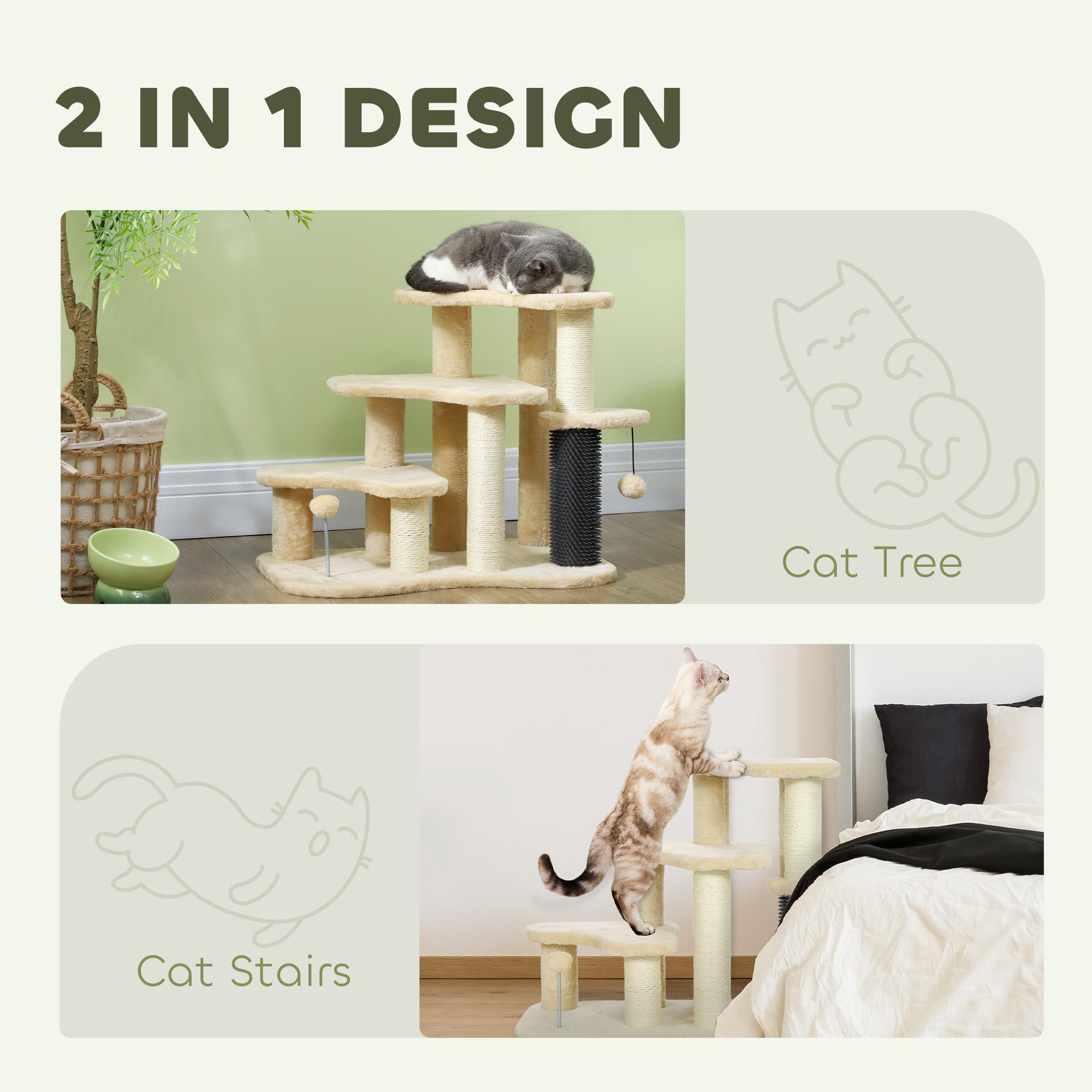 2-in-1 Cat Tree, Pet Stairs with Scratching Tickling Post, Toy Balls, for Bed, Sofa, Couch, Beige