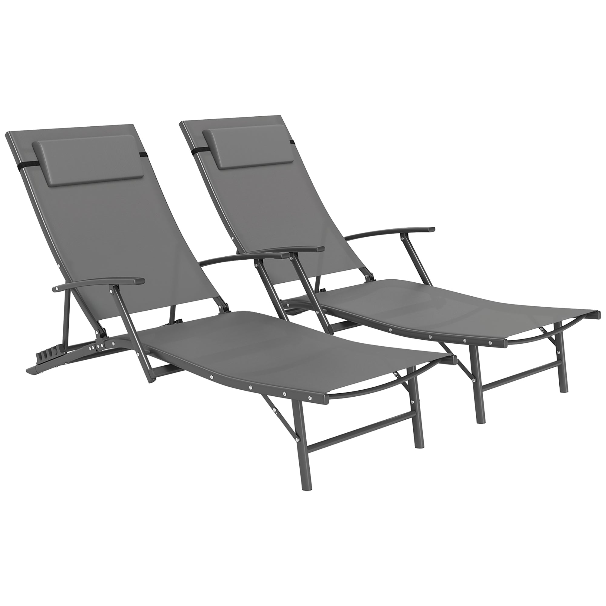 Set of 2 Adjustable Back Sun Loungers with Quick-Dry Mesh - Grey
