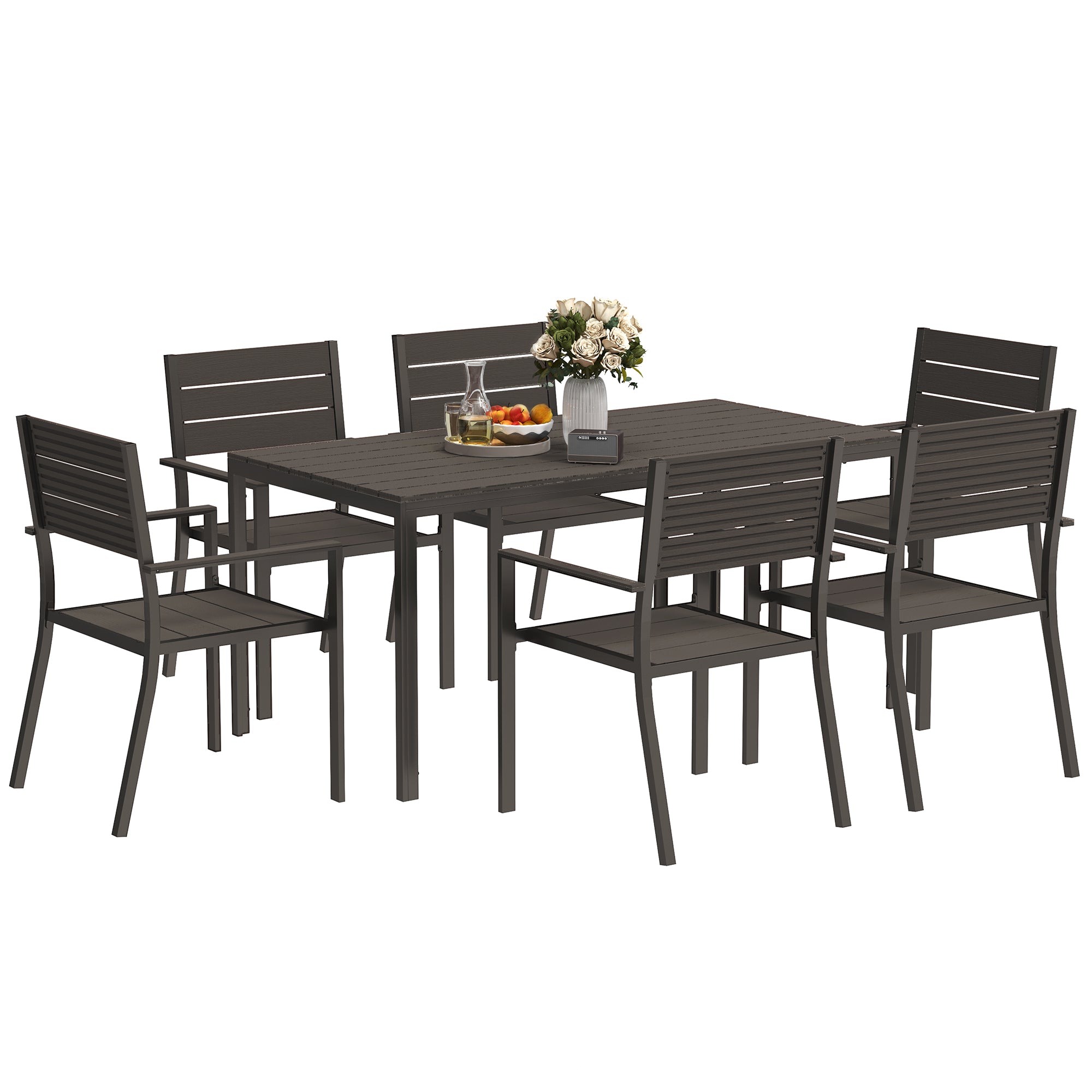 7 Piece Garden Furniture Set with HDPE Table and Stackable Chairs - Dark Brown