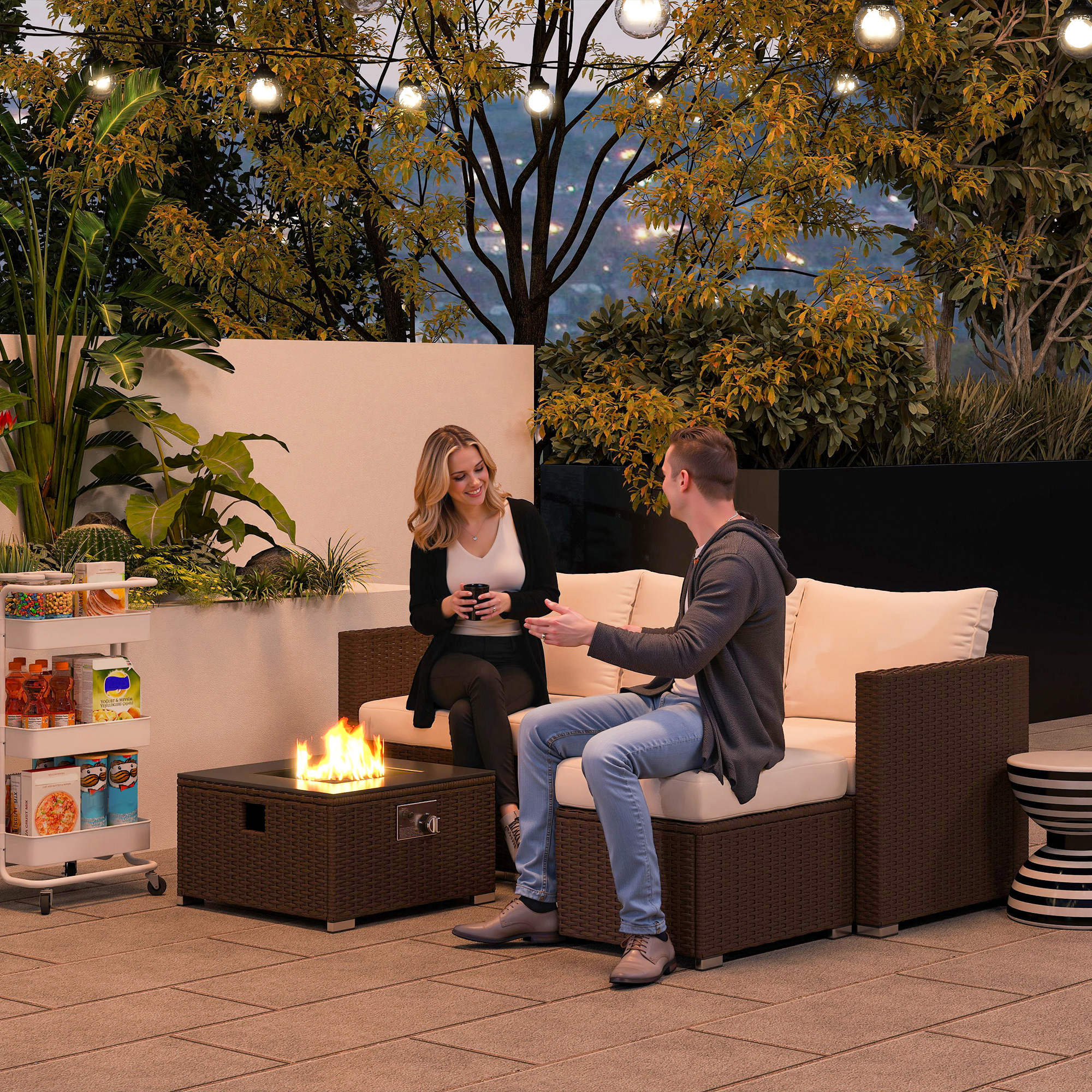 Five Piece Rattan Garden Furniture Set with Gas Fire Pit Table and Footstool - Brown and Cream White