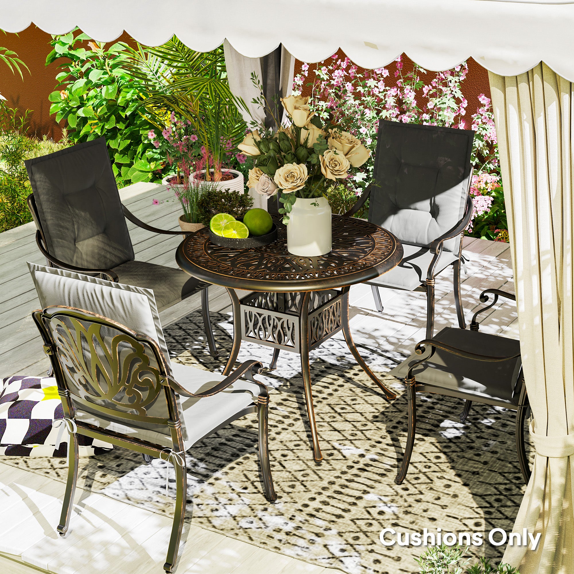 Set of 4 Cotton Filled Padded Garden Seat Cushions - Light Grey