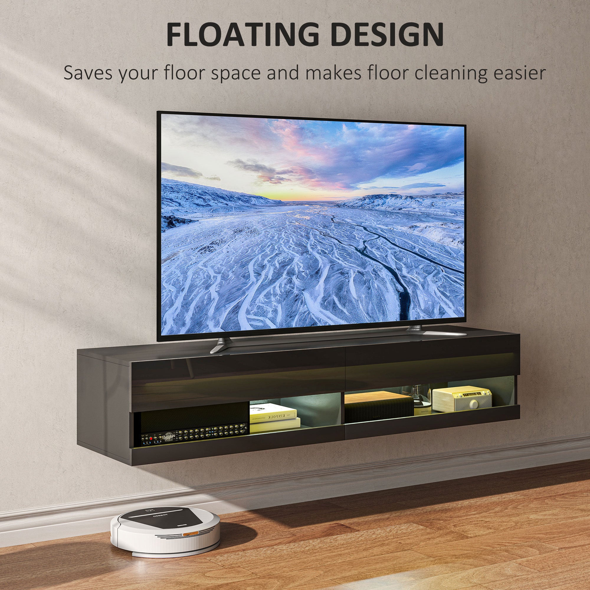 Floating TV Unit Wall Mounted Cabinet for TVs up to 65" with LED Lights and Storage Shelves - Black