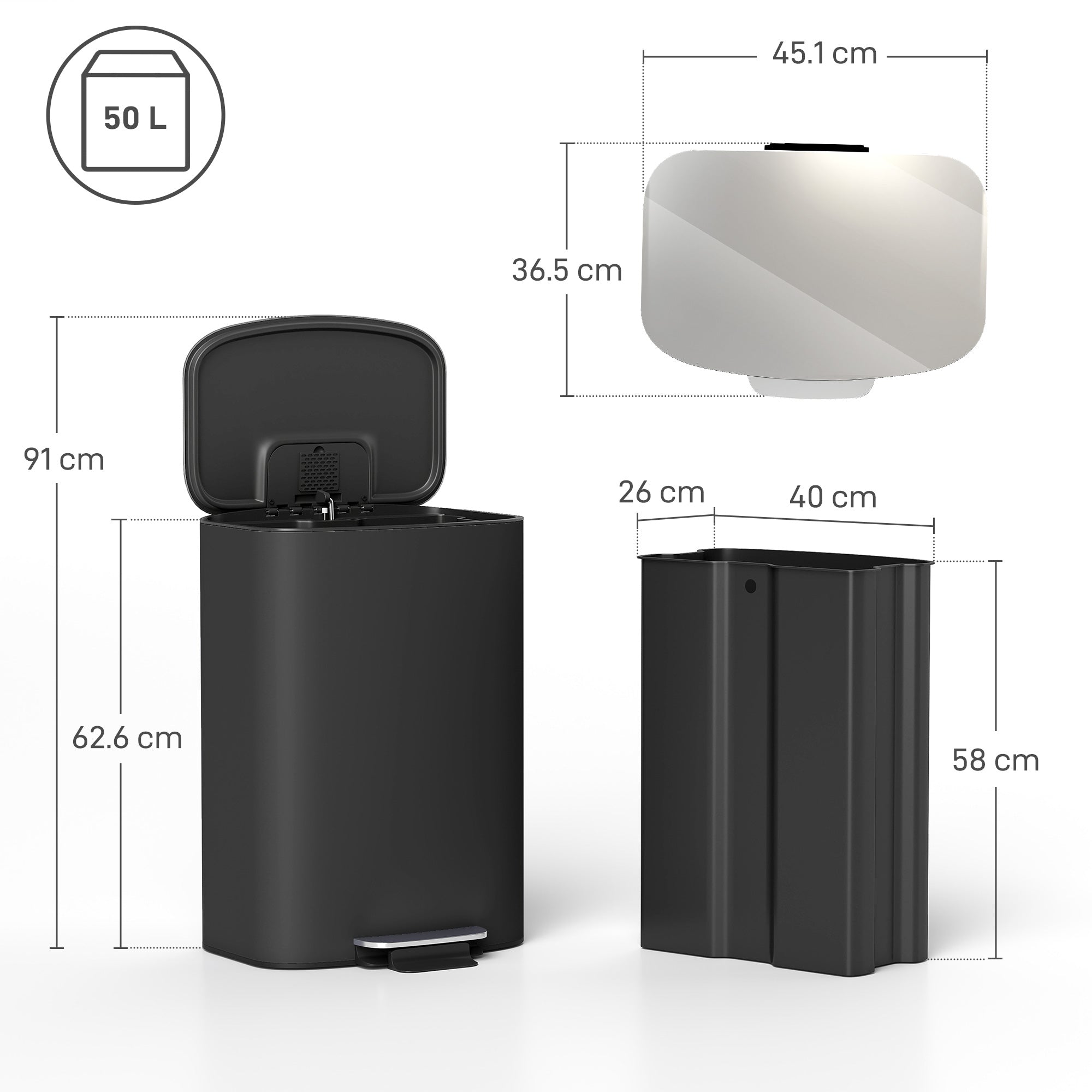 50L Kitchen Bin with Soft-Close Lid and Stay-Open Function, Stainless Steel Pedal Bin with Removable Inner Bucket, Carry Handle for Kitchen, Office, Home, Black