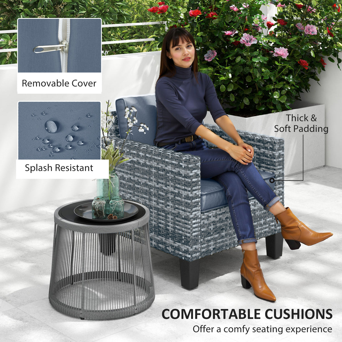 Single Rattan Armchair with Cushions for Outdoor Seating - Light Grey