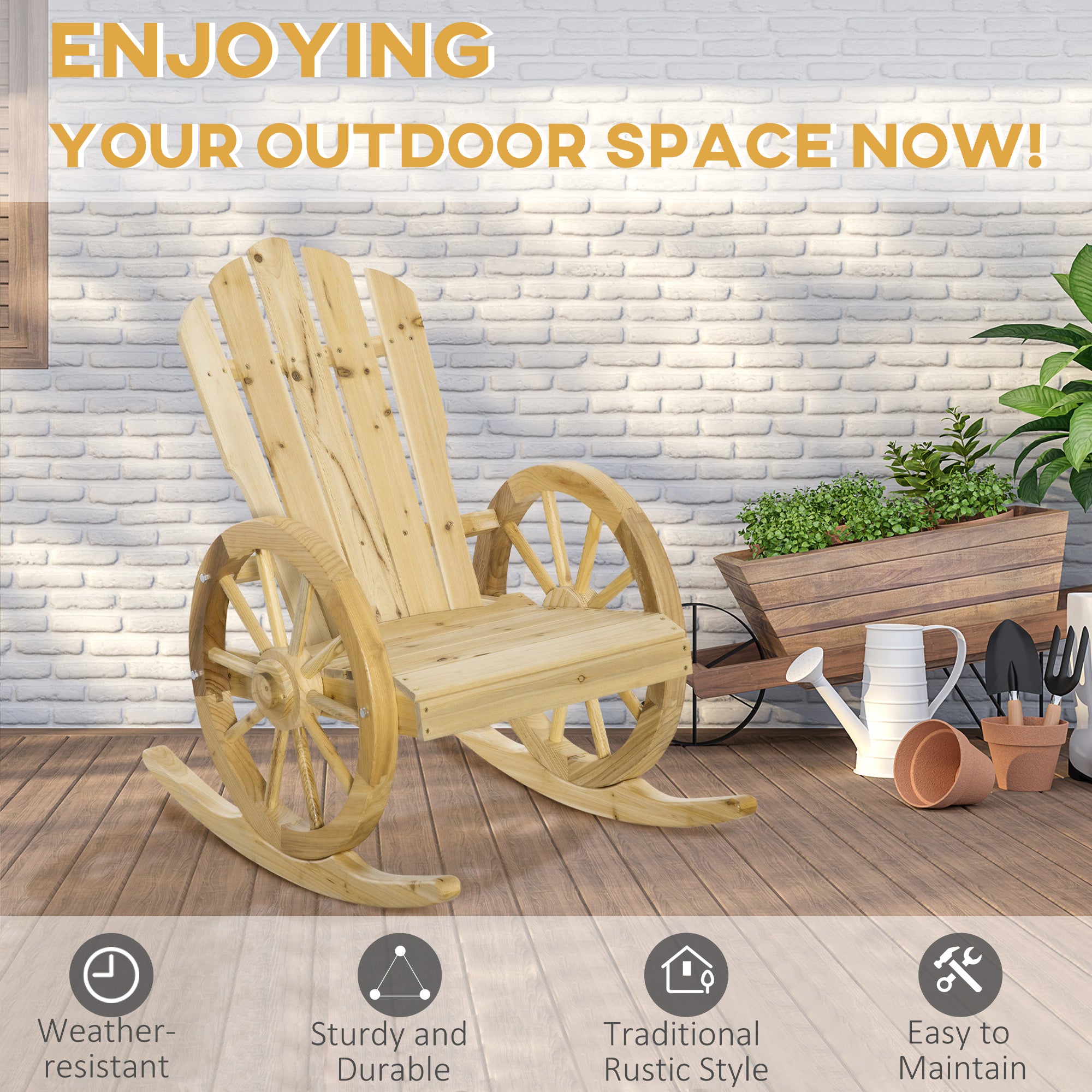 Wooden Adirondack Rocking Chair Outdoor Reclining Armchair - Natural