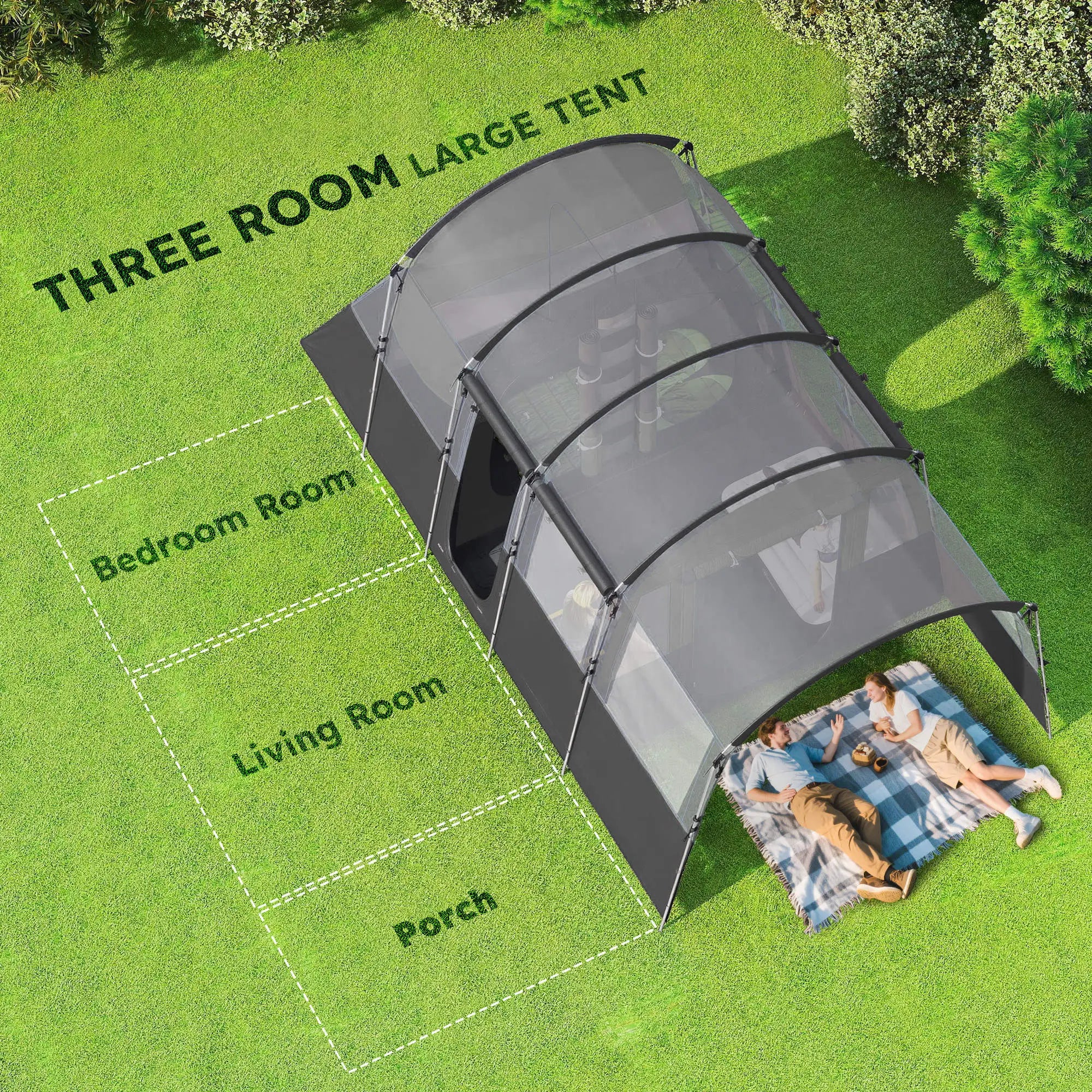 8 Person Waterproof Tunnel Camping Tent with 4 Large Windows - Grey