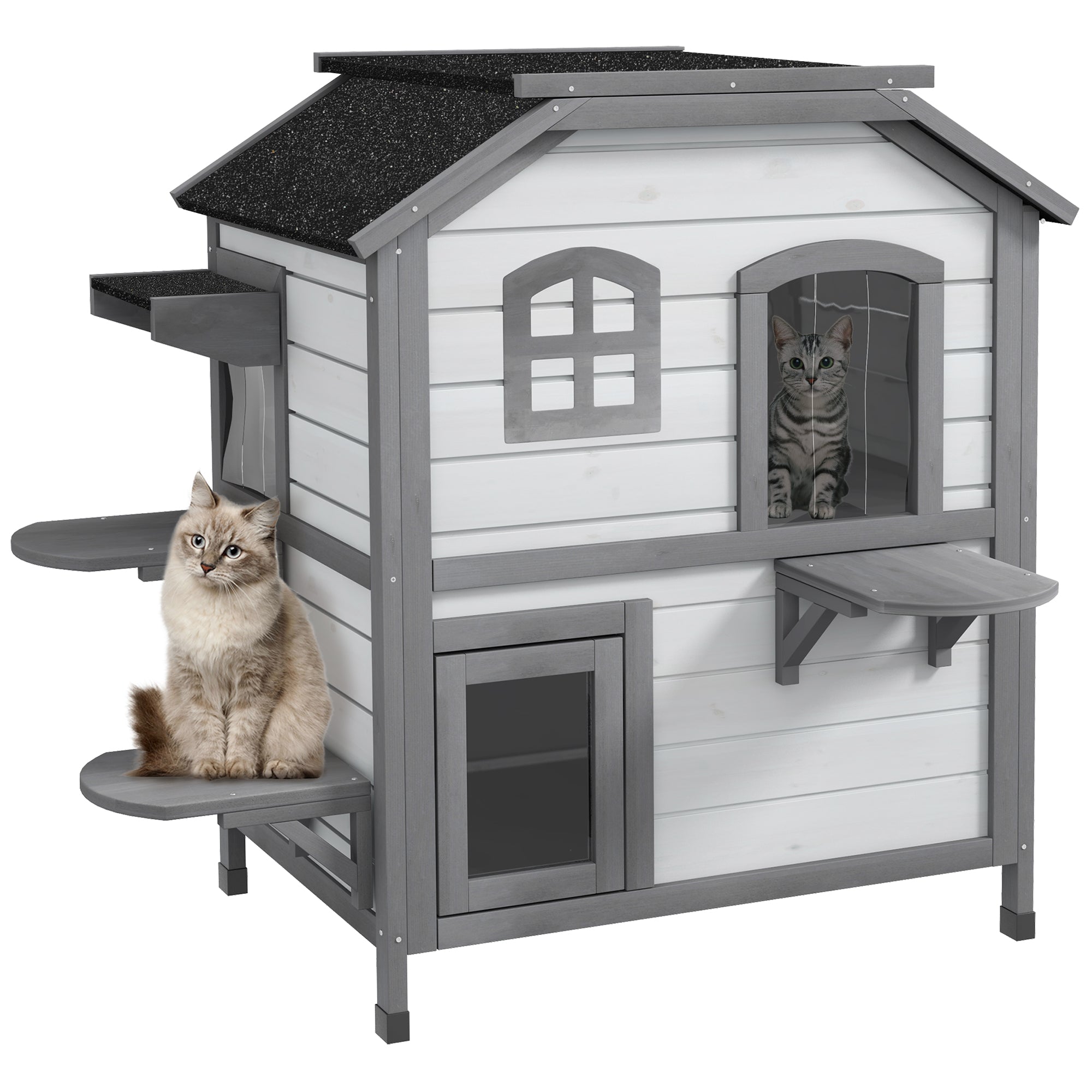 2-Story Indoor or Outdoor Cat House W/ Escape Door, Cat Shelter, White