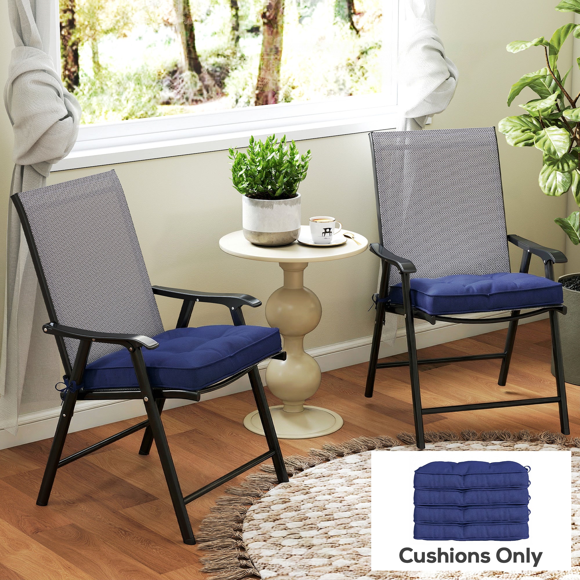 Garden Seat Cushion with Ties, 42 x 42cm Replacement Dining Chair Seat Pad, Dark Blue