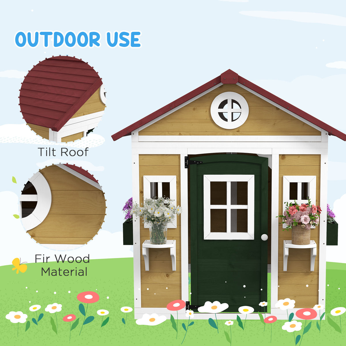 Wooden Playhouse with Doors, Windows, Plant Pots for Kids 3-8 Years - Beige