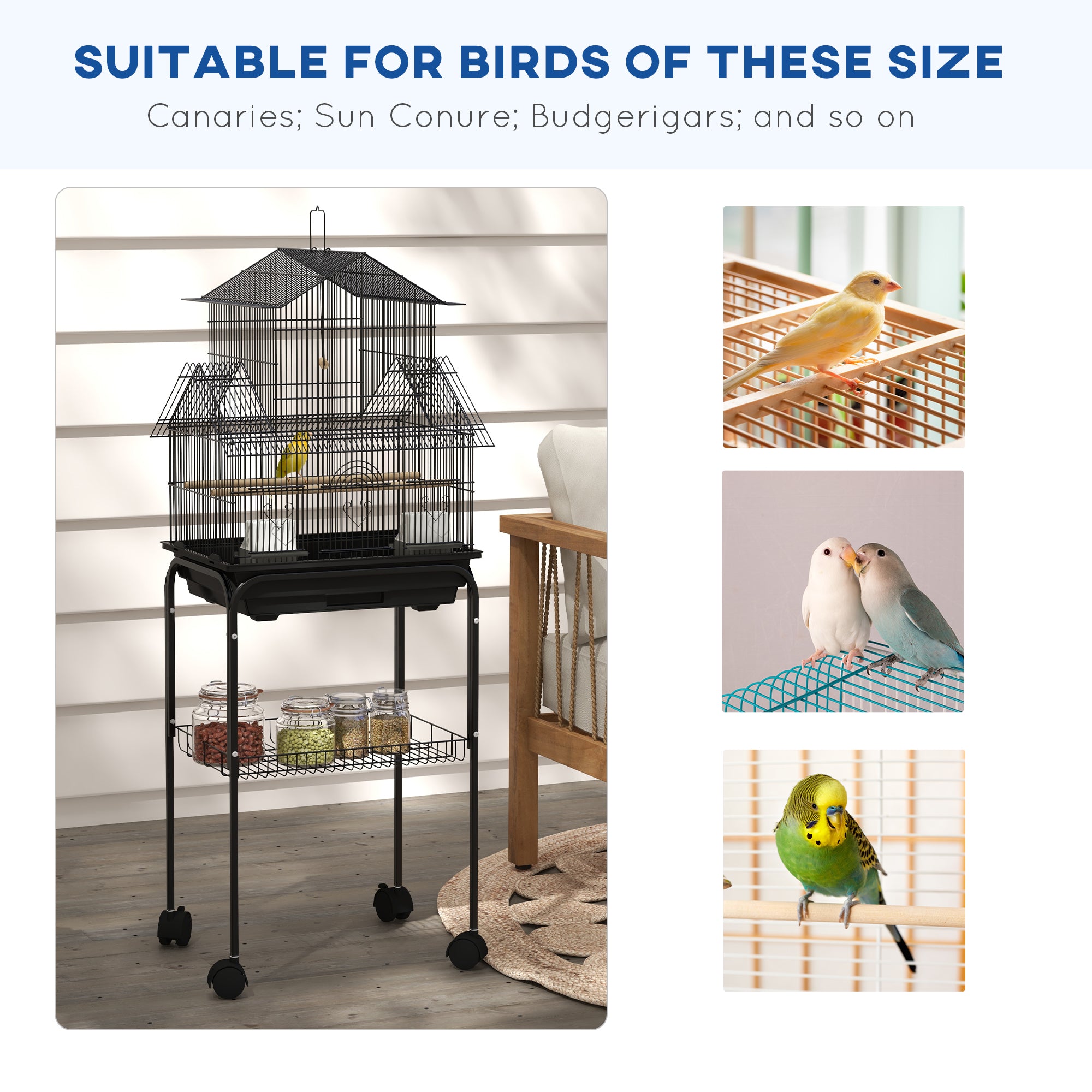 Metal Bird Cage with Plastic Swing, Perch, Food Container, Tray, Handle, for Finches, Canaries, Budgies, 50.5 x 40 x 63cm