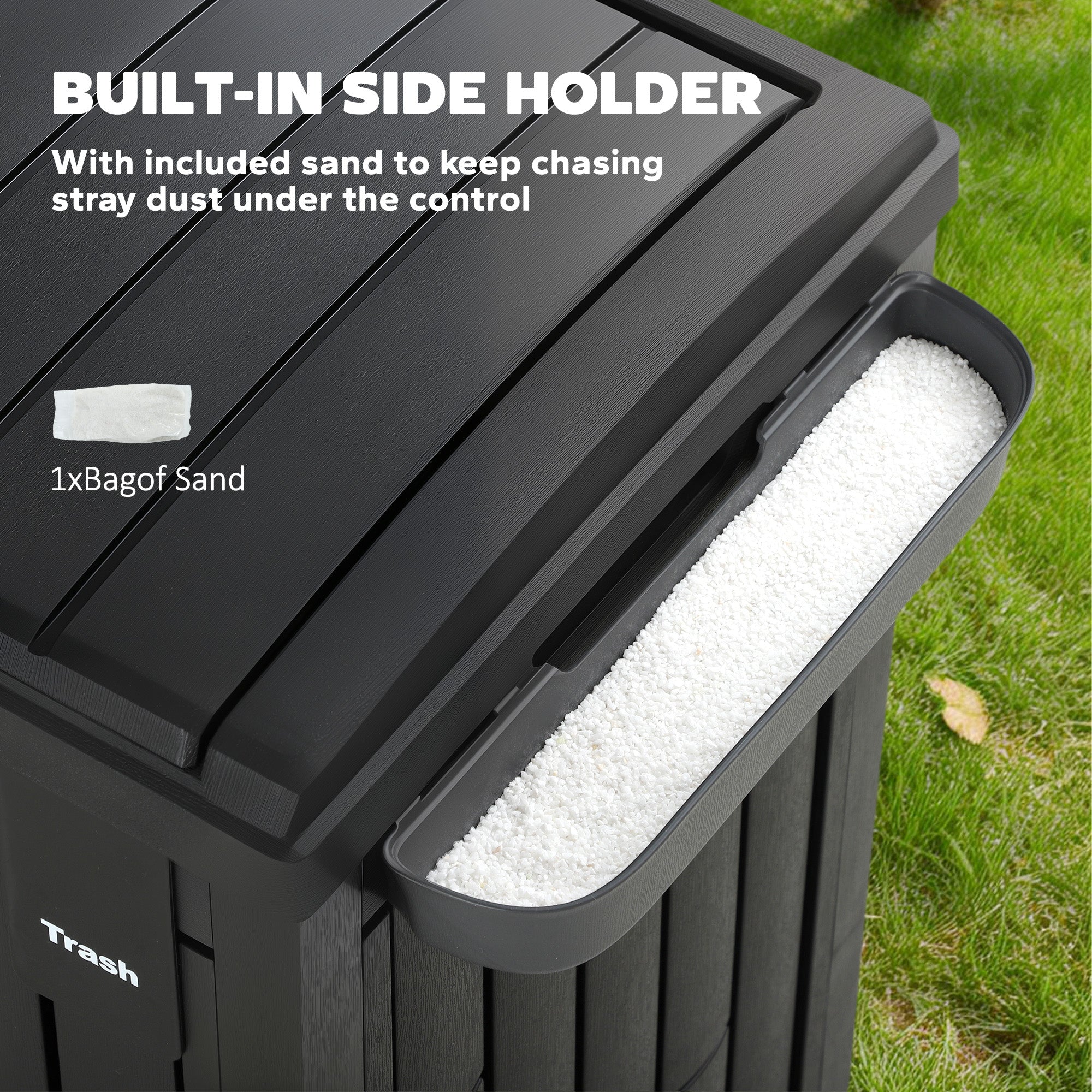 110 L Outdoor Bin with Dual Lid, Waterproof Plastic Trash Bin with Ashtray and Drip Tray, Garden Waste Trash Bin, Black