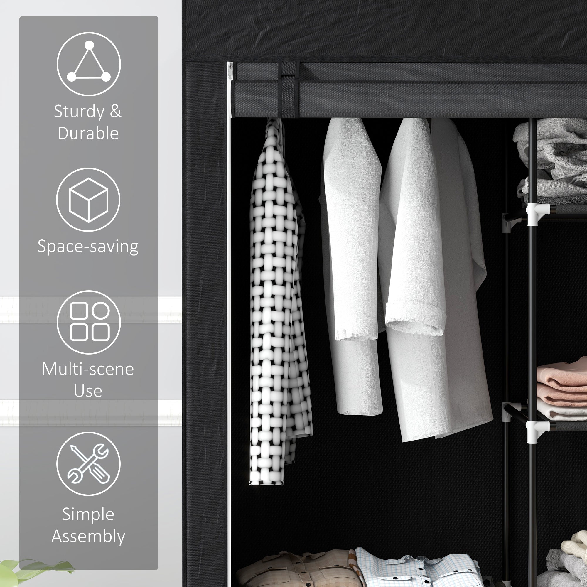 Fabric Wardrobe, Portable Wardrobe with 6 Shelves, 1 Hanging Rail, Foldable Closets, 103 x 43 x 162.5 cm, Black