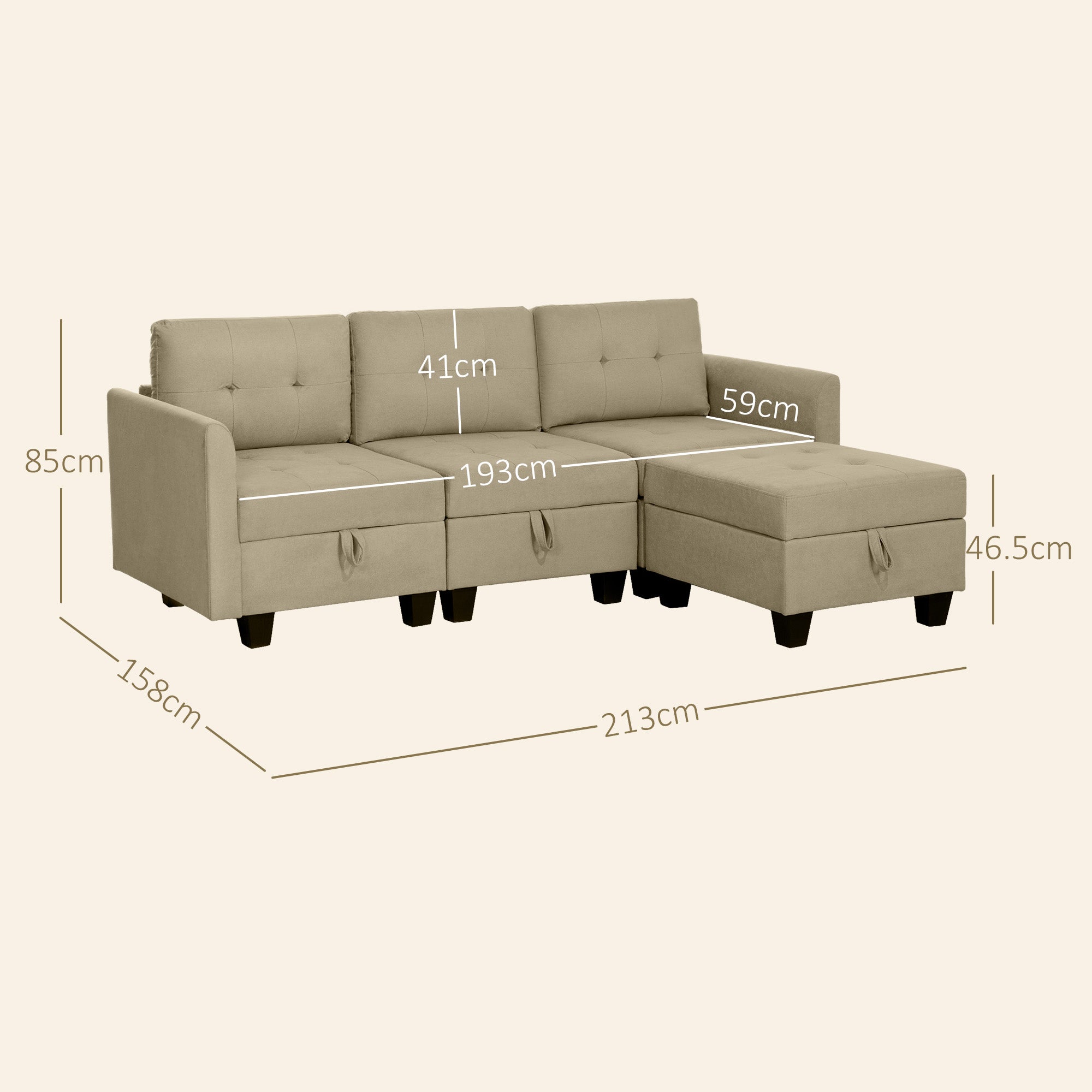 'L' Shape Modular Sofa, with Storage - Light Brown