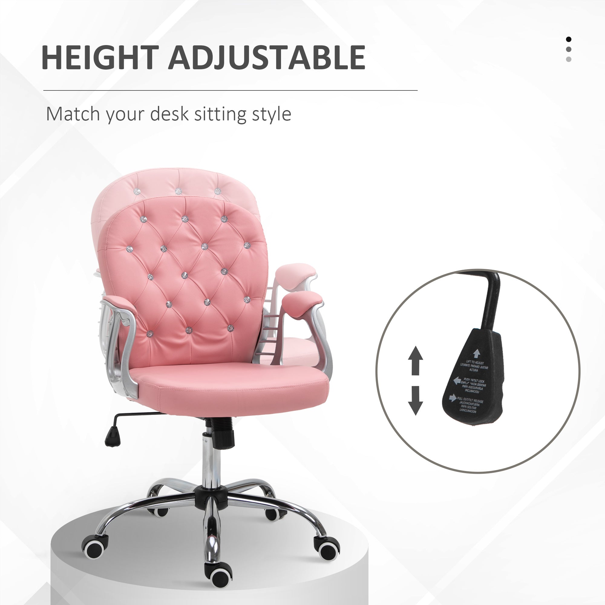 Office Chair Ergonomic 360° Swivel PU Diamante Padded Base 5 Castor Wheels for Home Work Pink