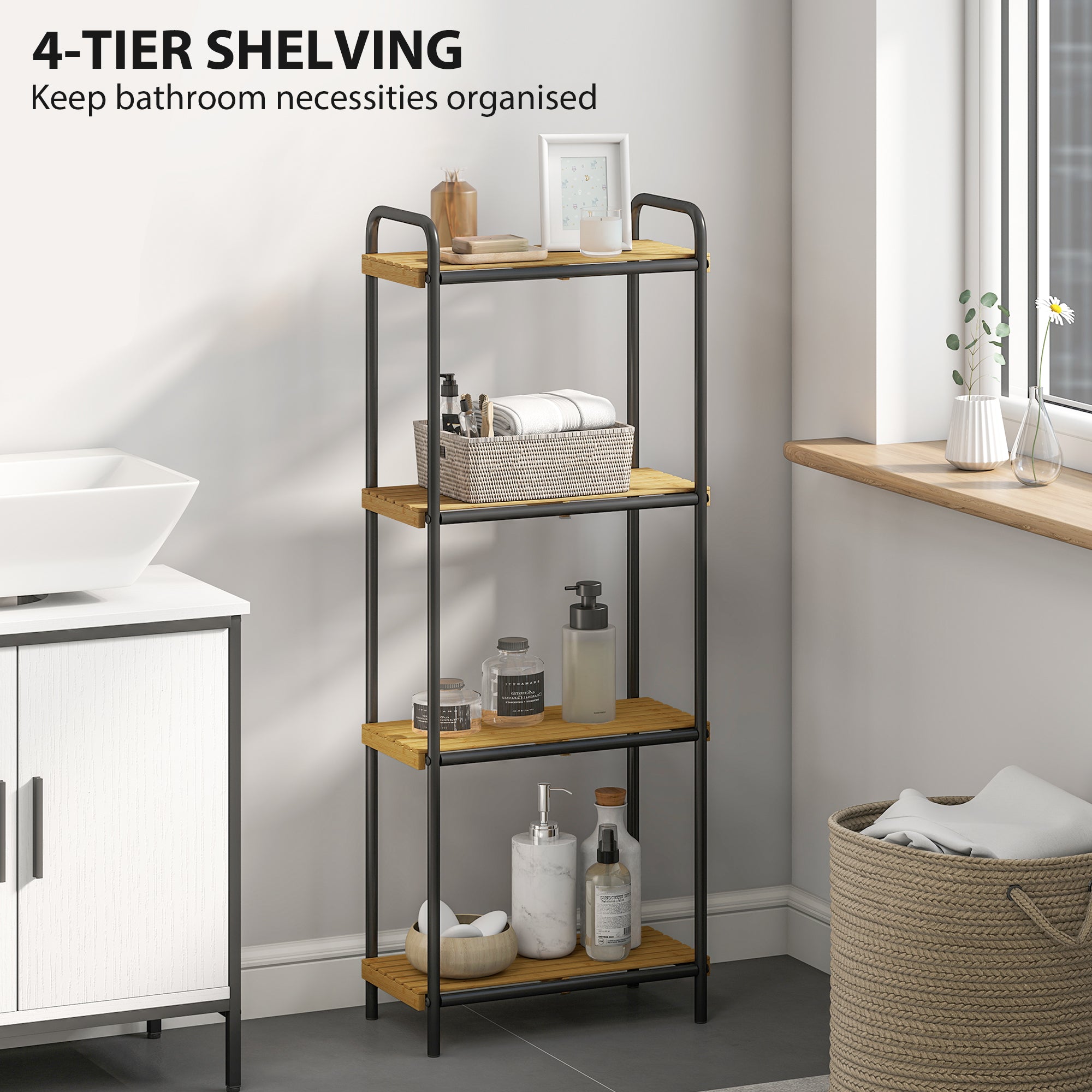 4-Tier Bamboo Bathroom Storage Shelf, Freestanding Narrow Shelving Unit with Slatted Shelves for Kitchen Bathroom Living Room, 41.5 x 21.5 x 106 cm, Natural and Black