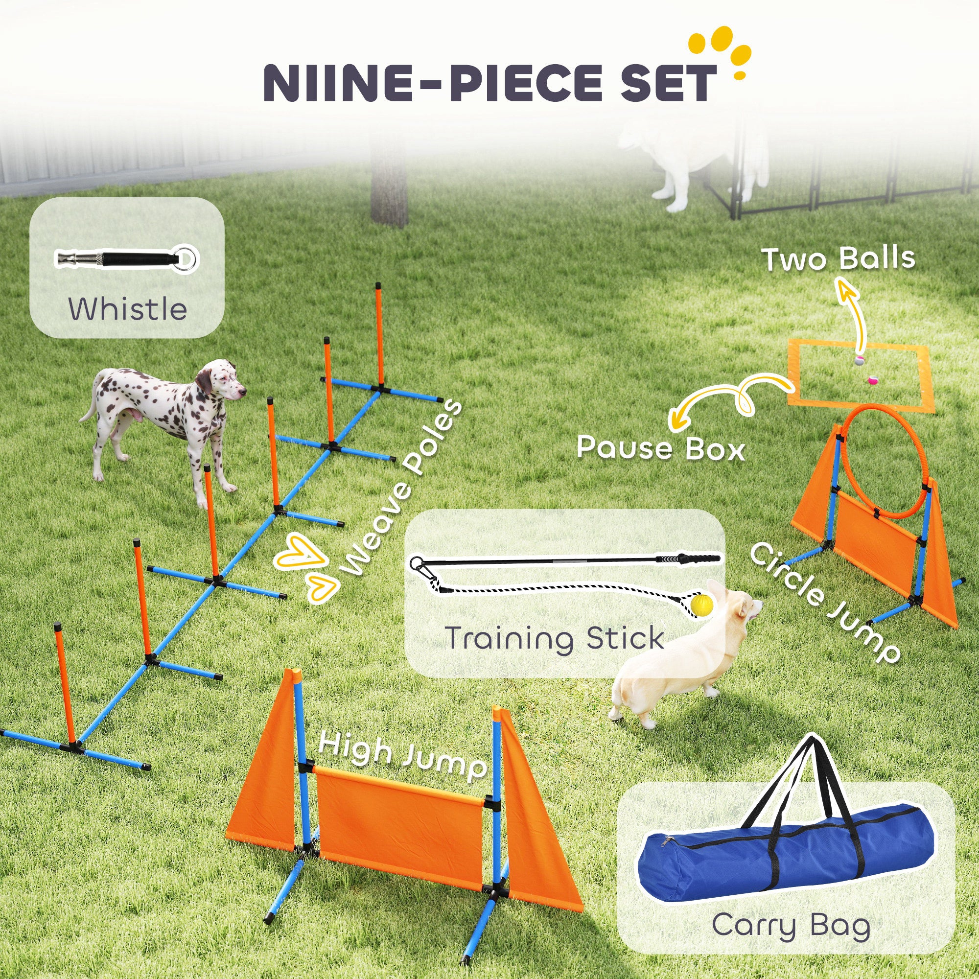 7-Piece Dog Agility Training Set with Weave Poles, Jump Ring, Hurdle, Pause Box & Carry Bag - Orange