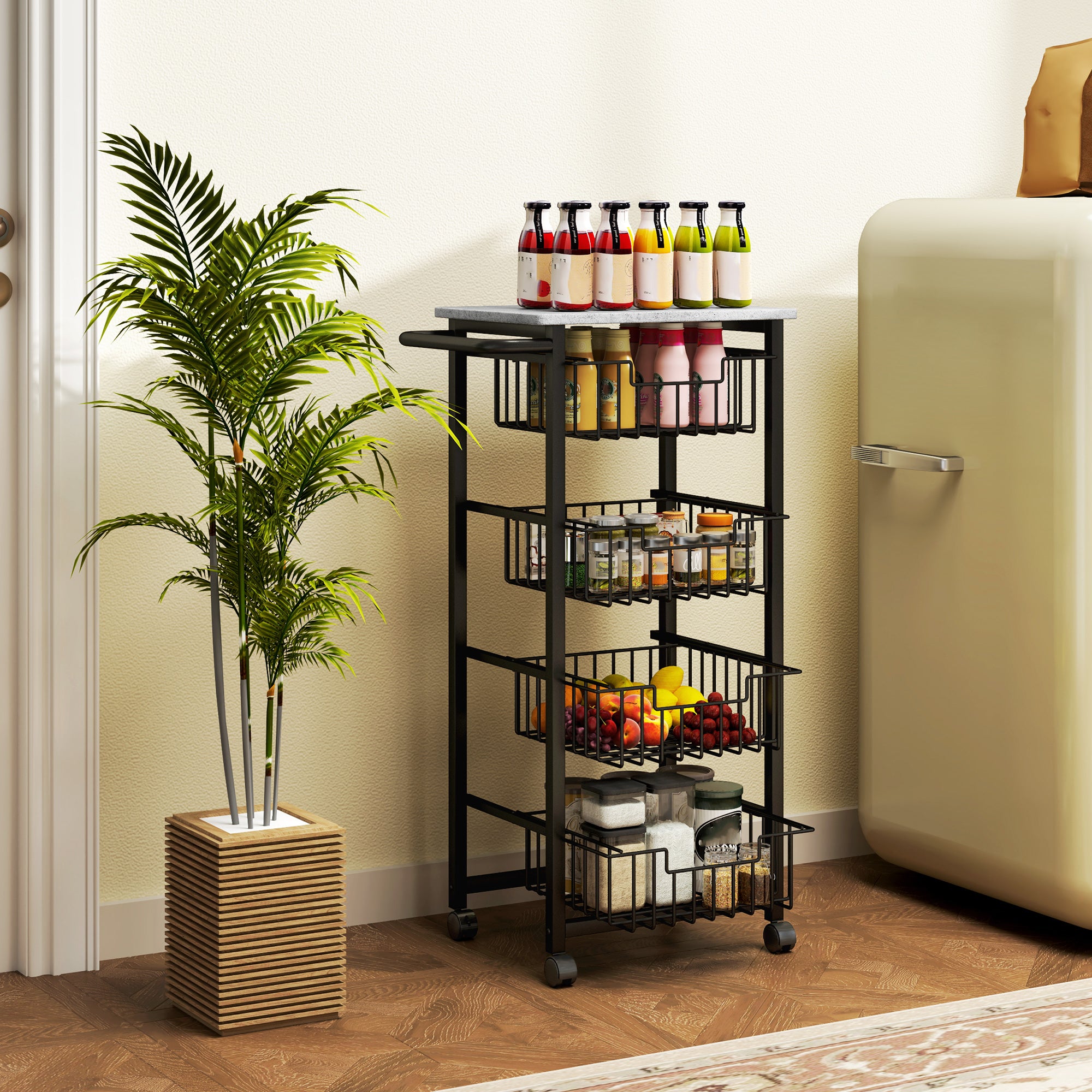 Four Basket Mobile Kitchen Island, with Brakes - Grey/Black