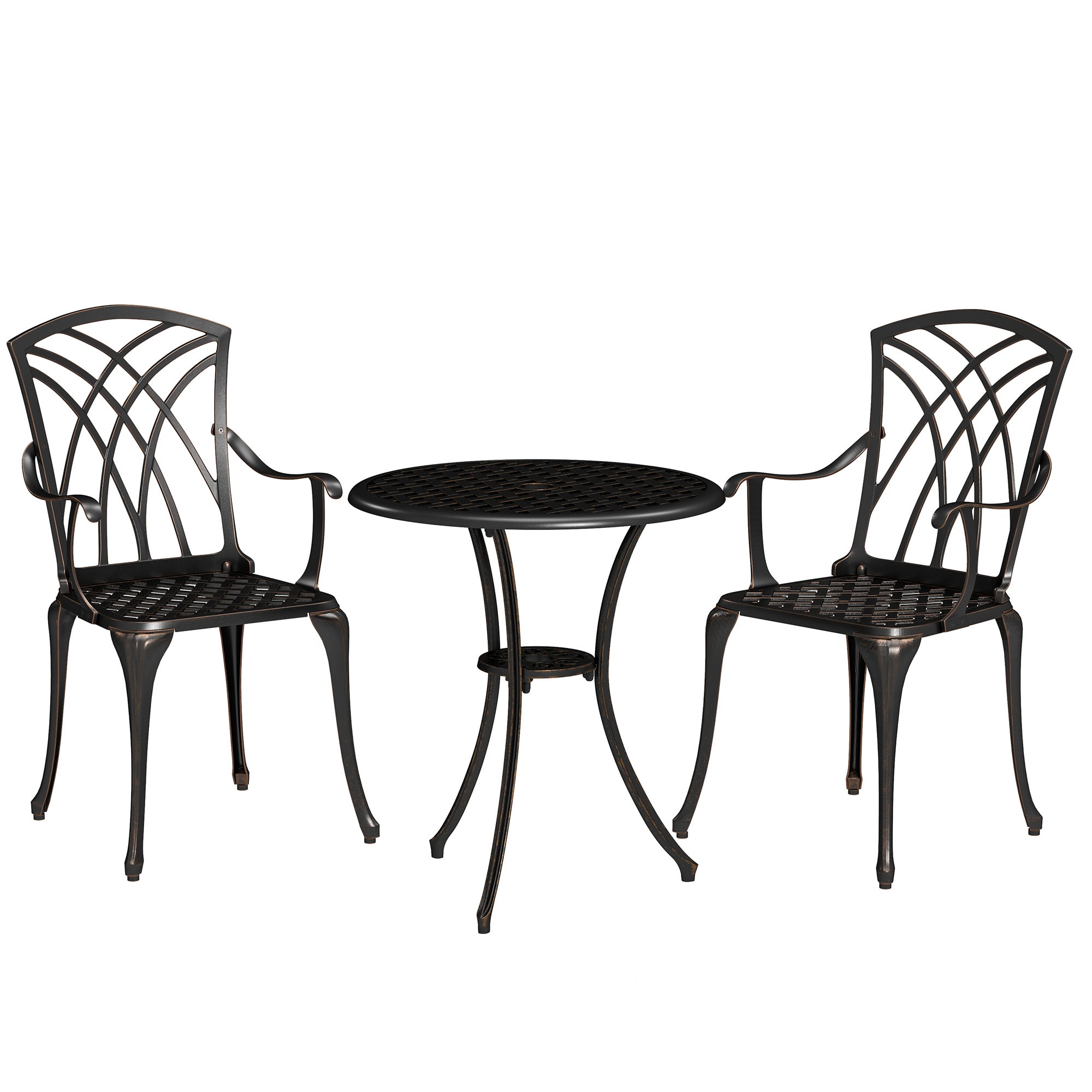 3-Piece Cast Aluminium Garden Dining Set for 2 with Parasol Hole - Bronze Tone