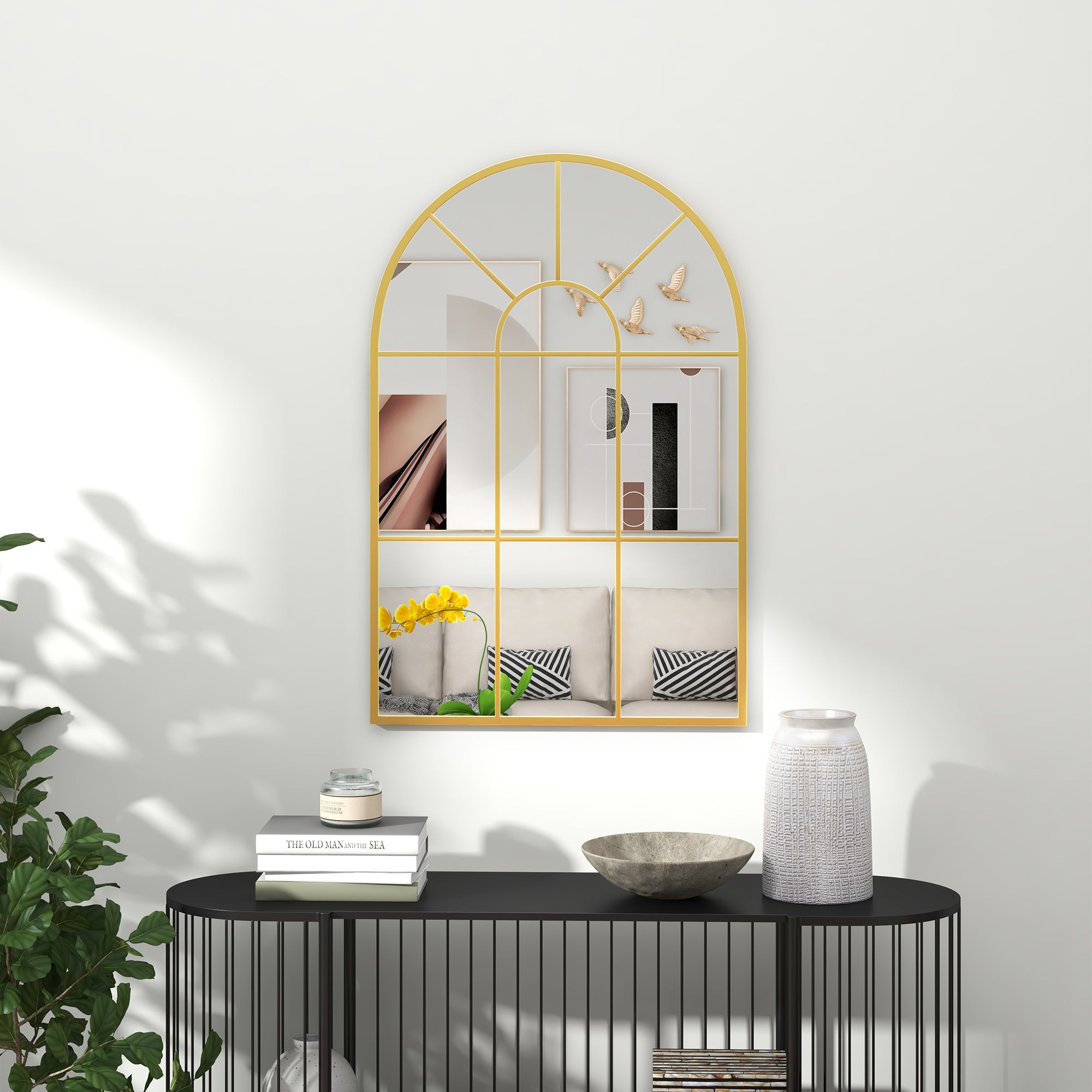 Modern Arched Wall Mirror 91 x 60 cm with Grid Frame - Gold Tone