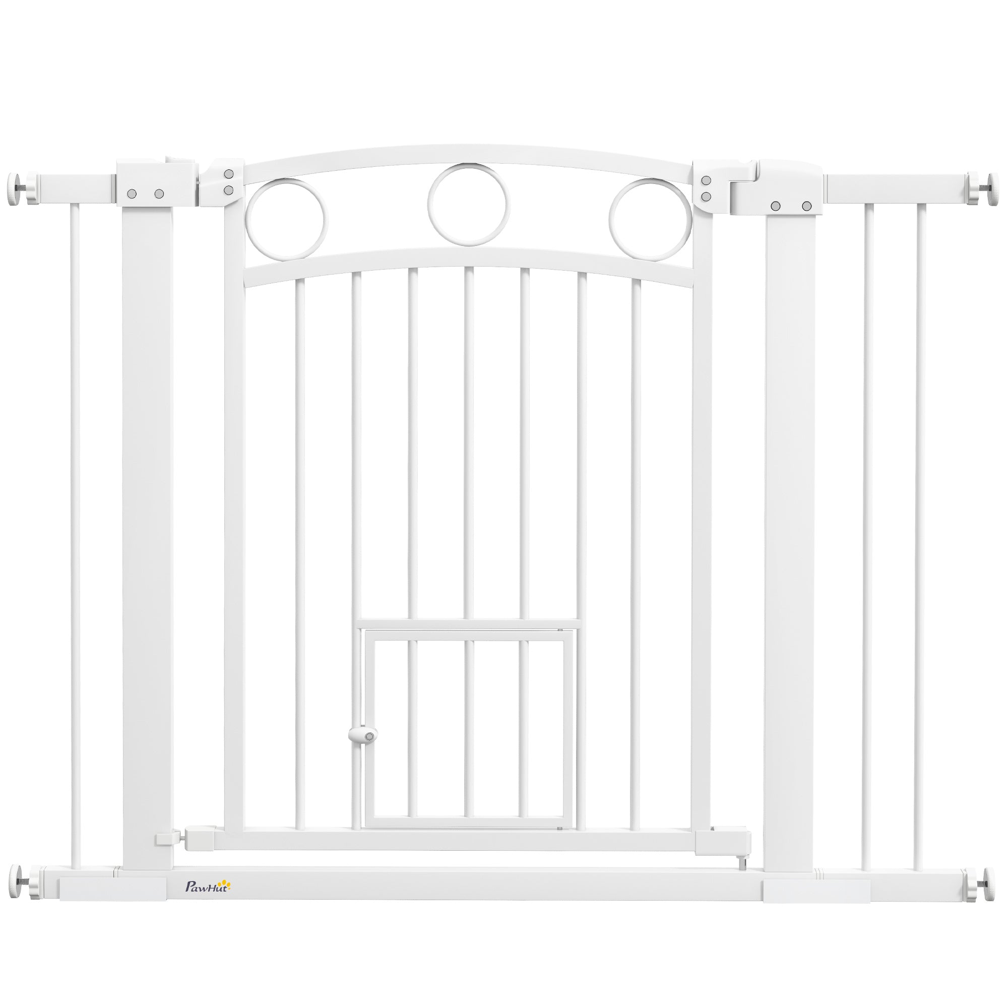 77cm Tall Dog Gate with Cat Door, 7cm and 14cm Extensions, for Stairs & Doorways, 76-104cm Width