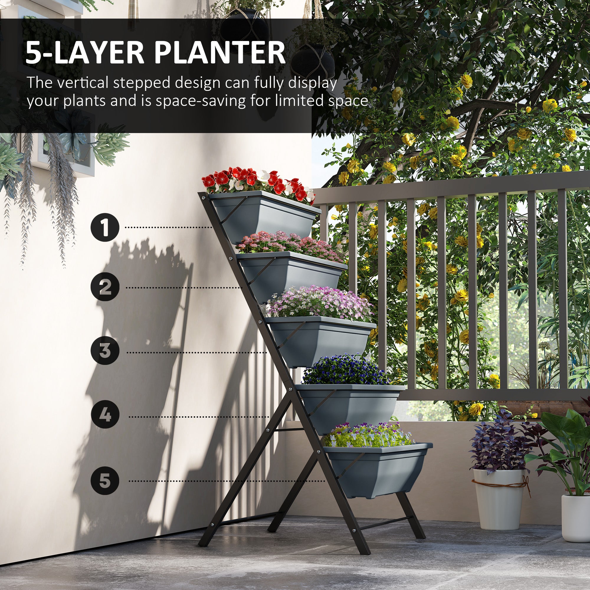 5-Tier Raised Garden Bed, Vertical Ladder Plant Stand with 5 Removable Boxes, Drainage Holes and Plugs, Indoor Outdoor Elevated Flower Herb Growing Box for Garden Patio Balcony, Grey