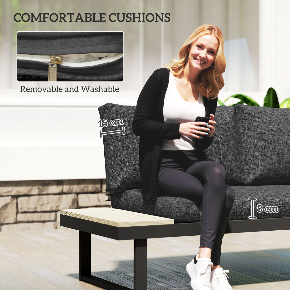 4 Seater L Shaped Aluminium Sectional Garden Furniture Set with 2 Loveseats & Wood-Plastic Coffee Table - Dark Grey