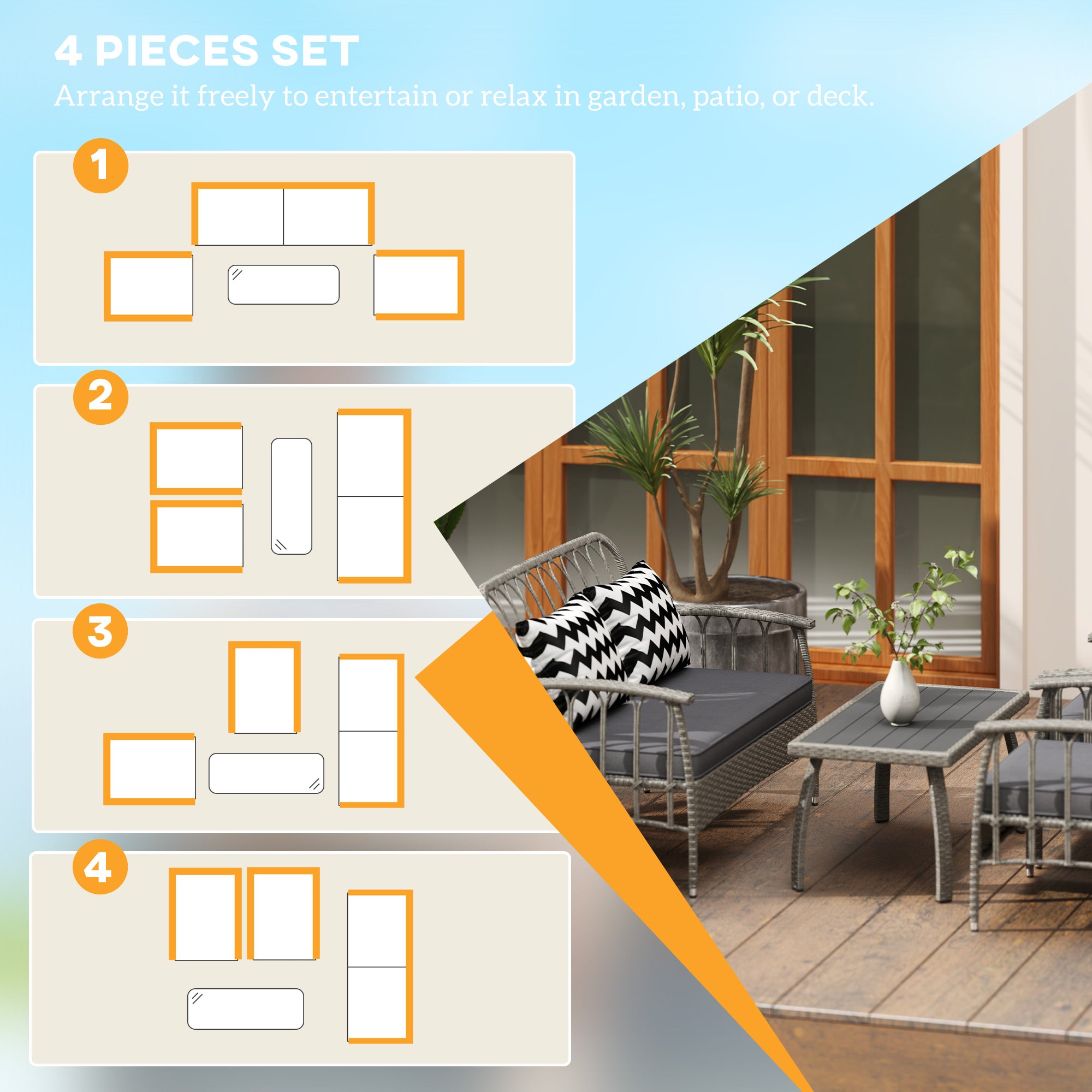 4 Piece Rattan Garden Sofa Set with Adjustable Backrests - Grey