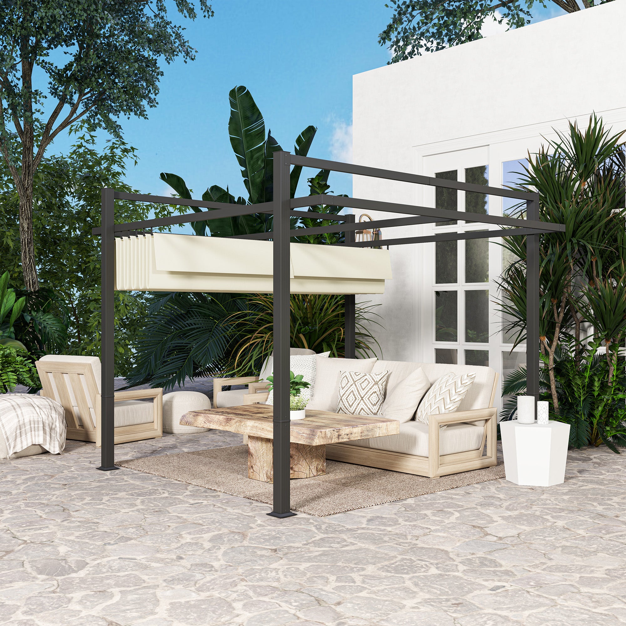 3 x 3 Metre Aluminium Pergola with Retractable Roof - Grey Khaki