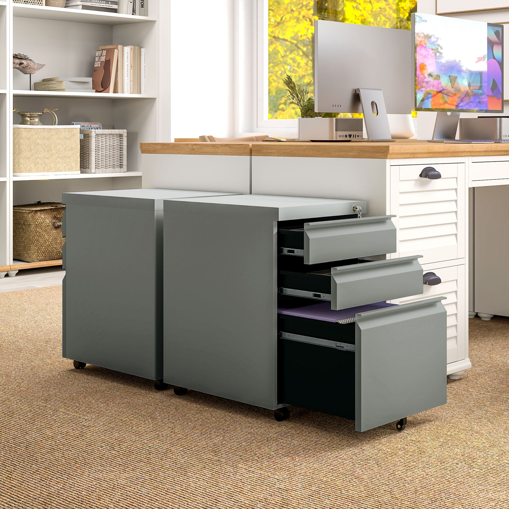 3 Drawer Filling Cabinet, Mobile Metal File Cabinet with Anti-tilt Design for Letter, A4, Legal Size, Grey