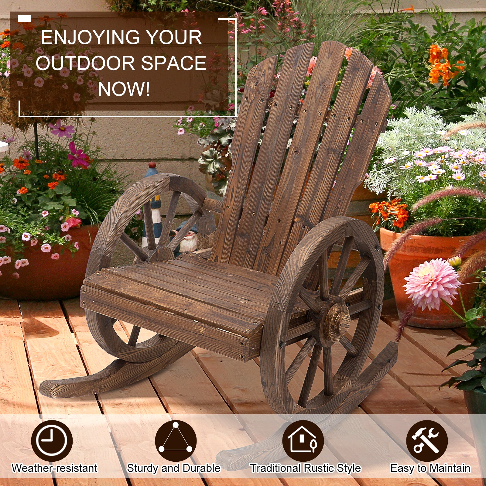 2 Piece Wooden Adirondack Rocking Chair Reclining Armchair Outdoor Garden Furniture Patio Porch Rocker - Carbonized Wood Colour