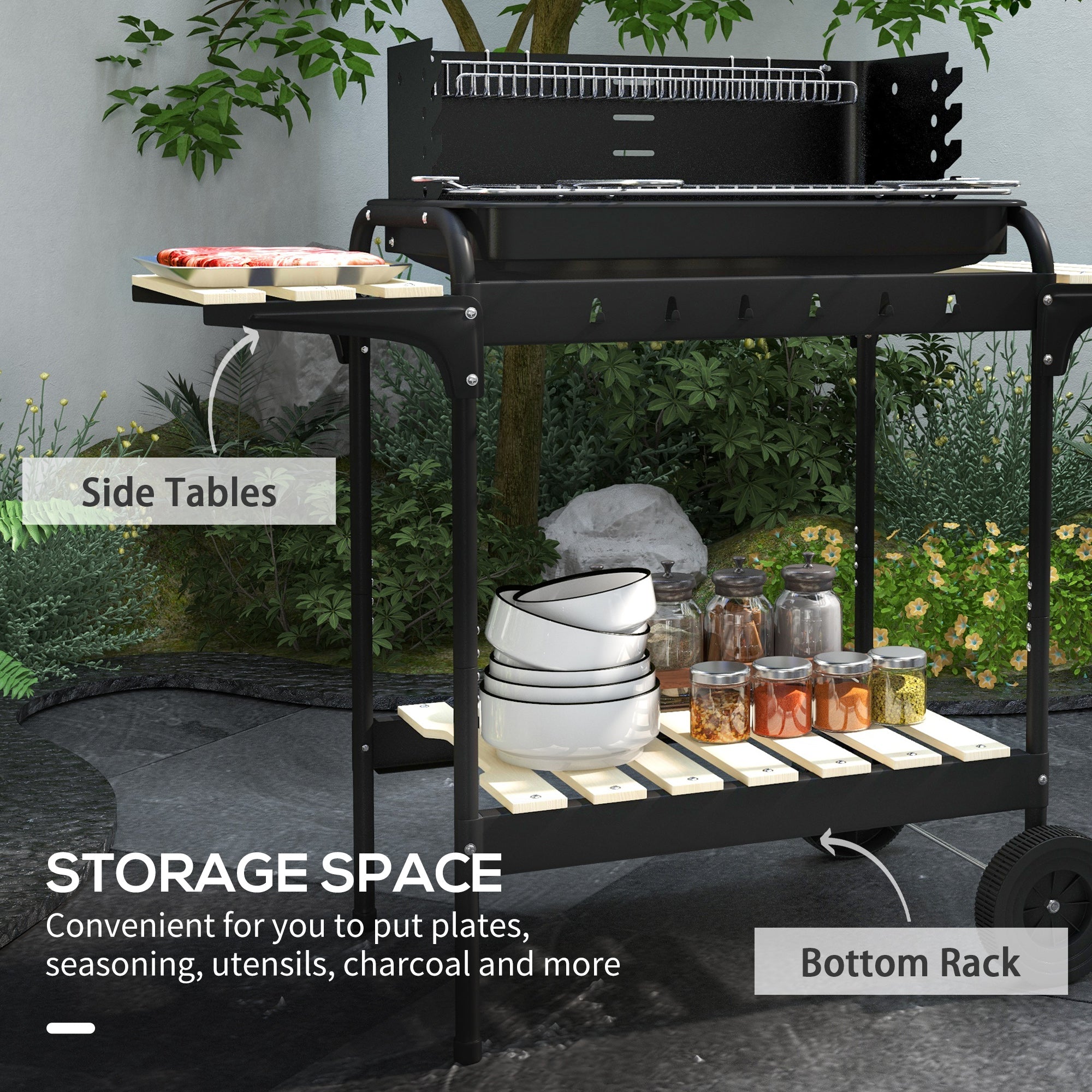 Charcoal Barbecue Grill with Adjustable Height & Ash Catcher Portable BBQ Trolley - Black