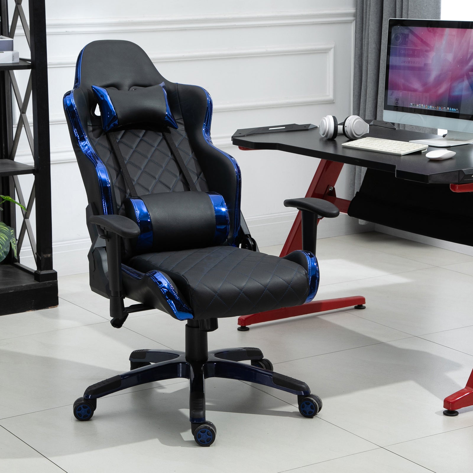 Holographic Stripe Gaming Chair Ergonomic PU Leather High Back 360° Swivel w/ 5 Wheels 2 Pillows Back Support Racing Reclining Black and Blue