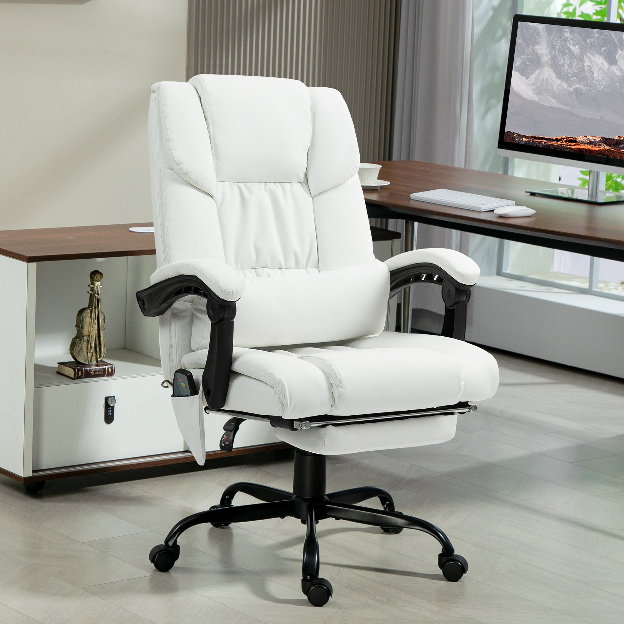 6-Point Massage Office Chair, PU Leather Desk Chair with Adjustable Height and Footrest for Home Office, White