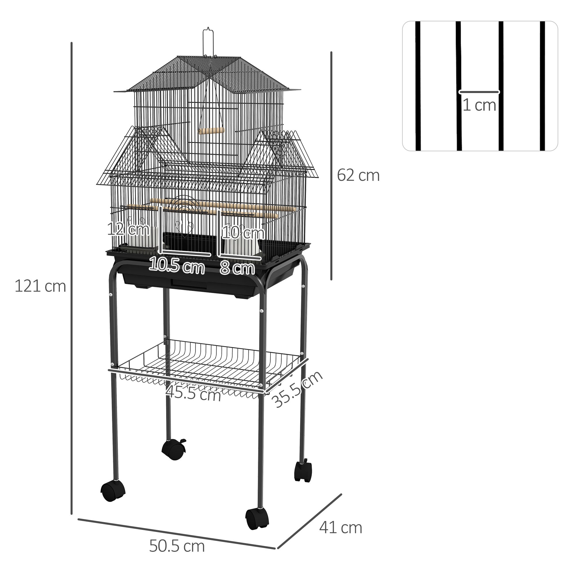 Metal Bird Cage with Plastic Swing, Perch, Food Container, Tray, Handle, for Finches, Canaries, Budgies, 50.5 x 40 x 63cm