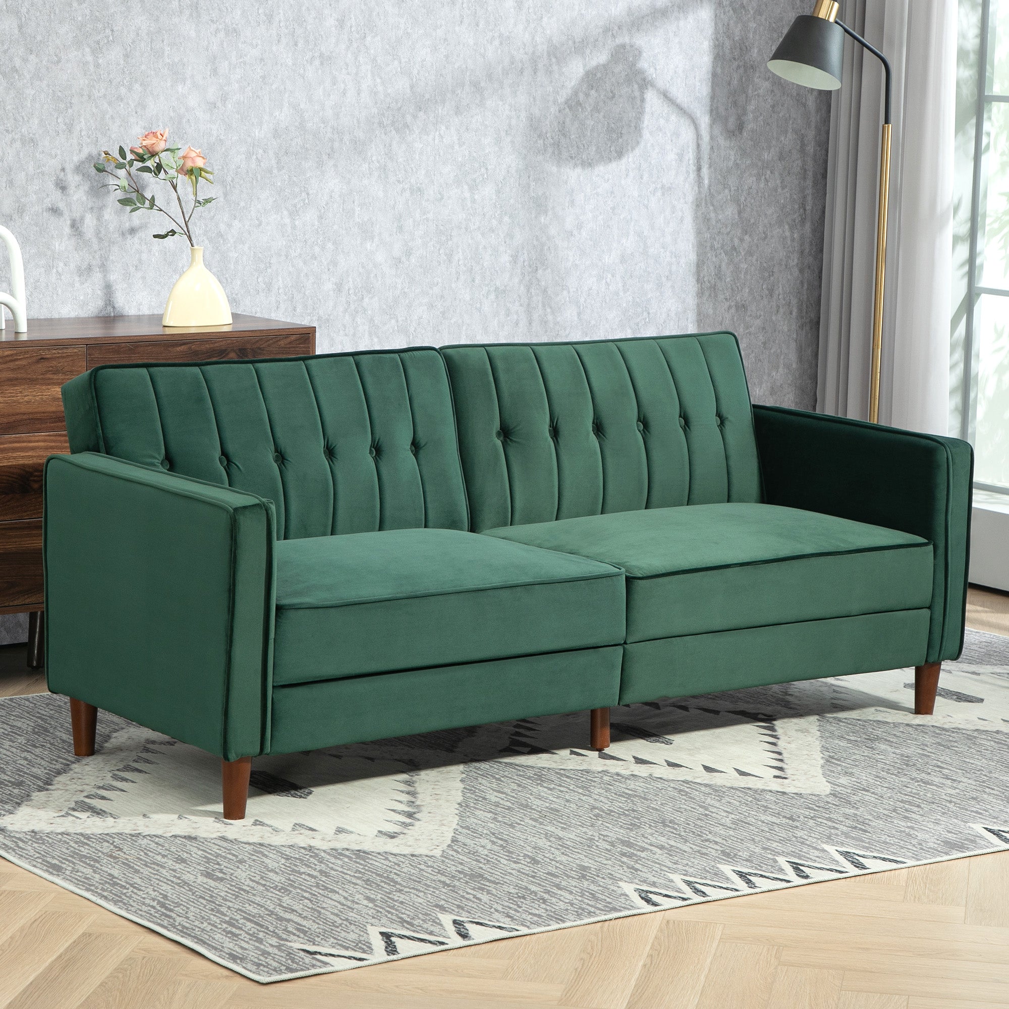 Velvet-Feel Three-Seater Sofa Bed - Green