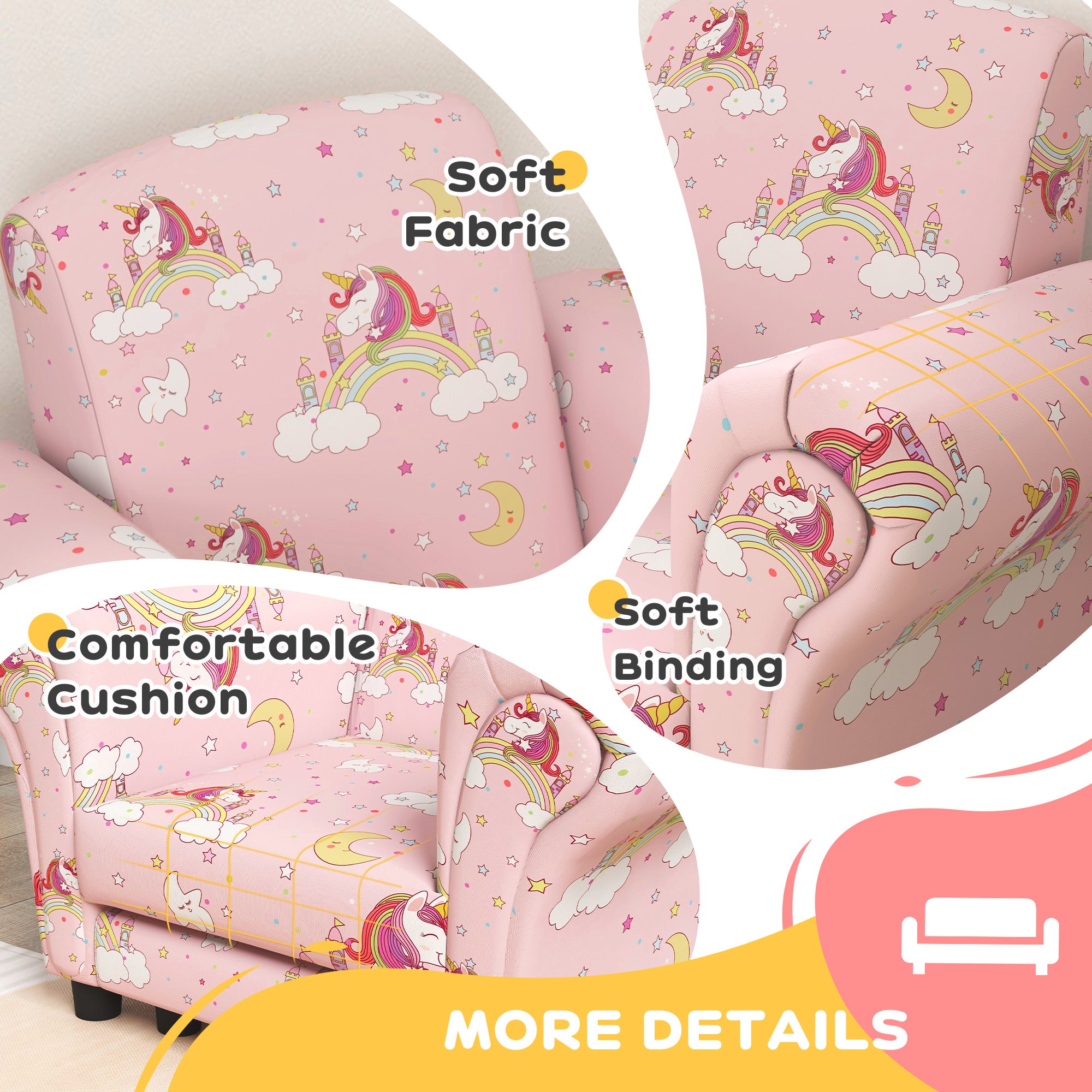 2 Piece Kids Sofa Set with Unicorn Design, Wooden Frame, for 1.5-3 Years Old, Pink