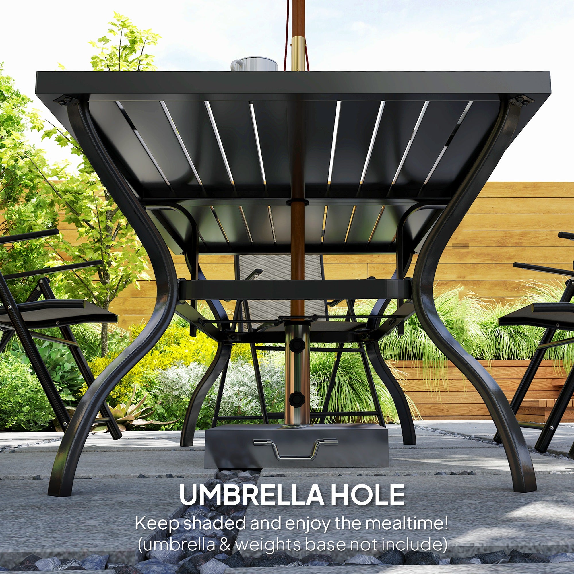 7 Piece Steel Outdoor Dining Set with Parasol Hole - Khaki