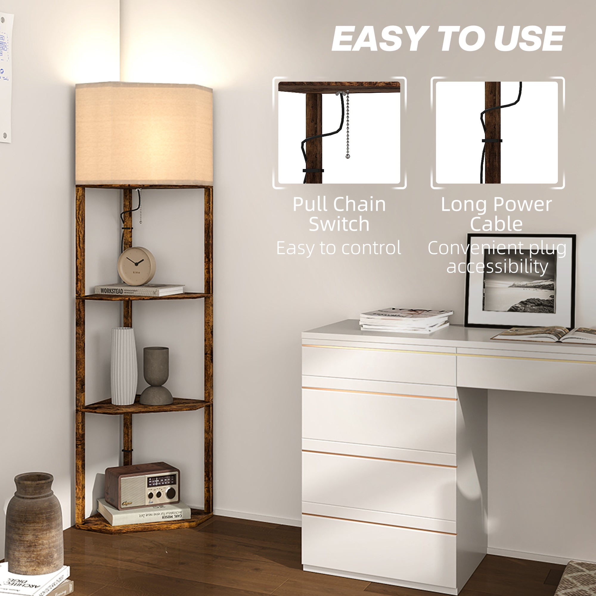 Corner Floor Lamp with Shelves, Tall Standing Lamps for Living Room, with Pull Chain Switch Bulb not Included, Rustic Brown