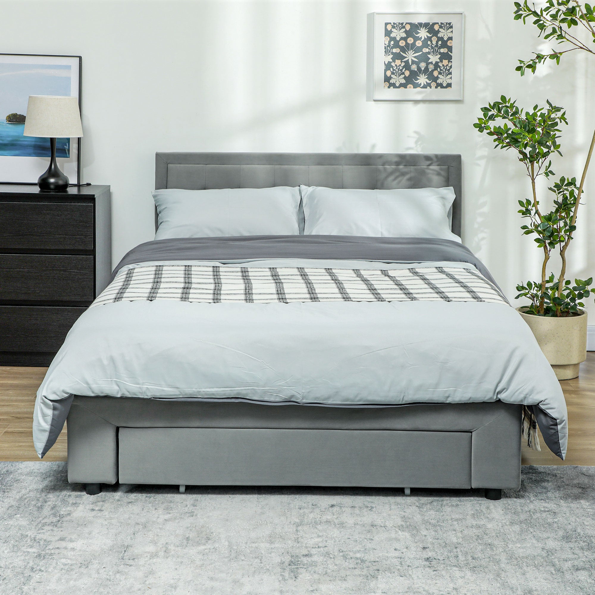 Double Size Ottoman Bed Frame, with Front Drawer - Grey