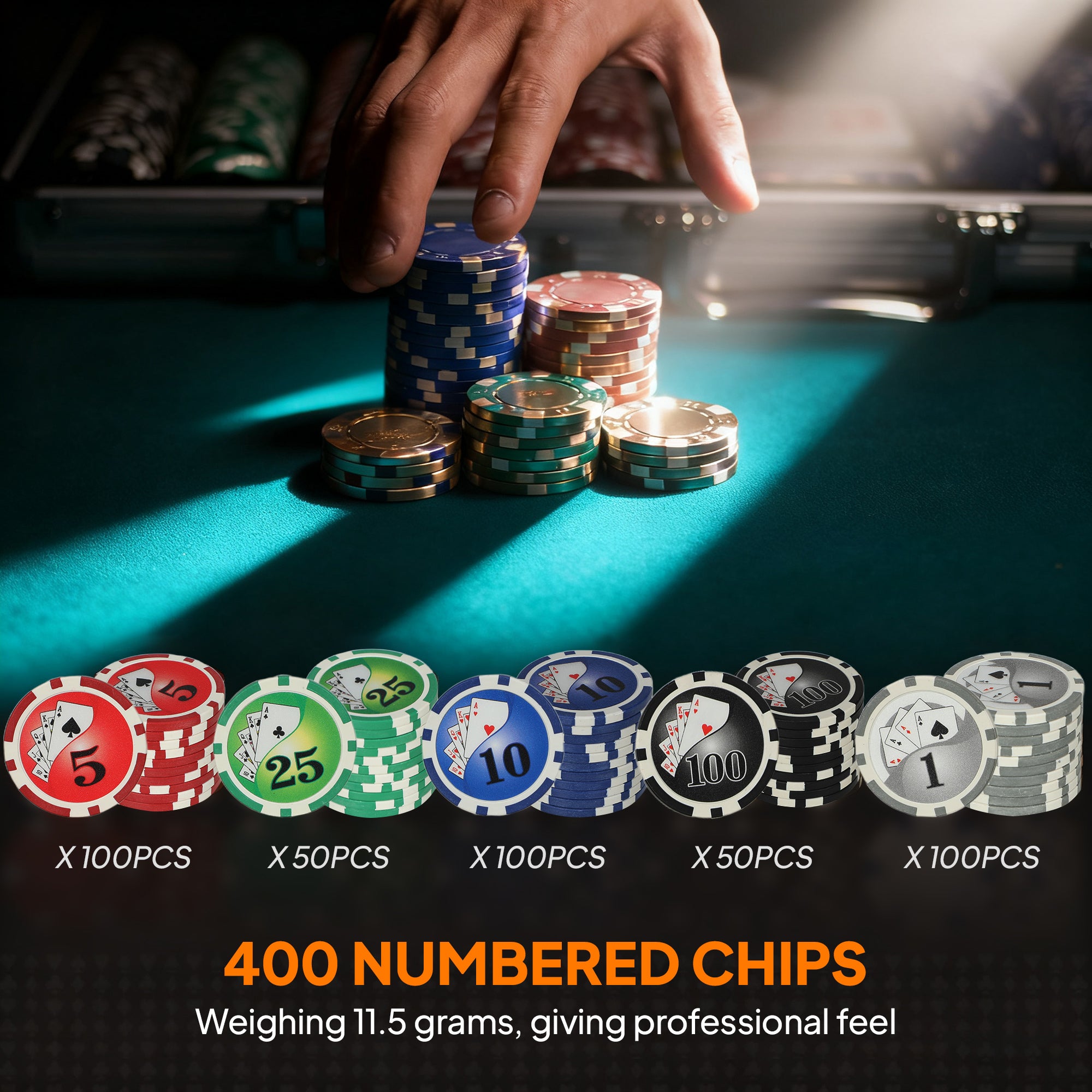 400-Piece Poker Chips Set with Lightweight ABS Case, Casino Texas Holdem Poker Set with Mat, 11.5g Numbered Poker Chips, Two Decks of Cards, Dealer, Five Dices, Grey