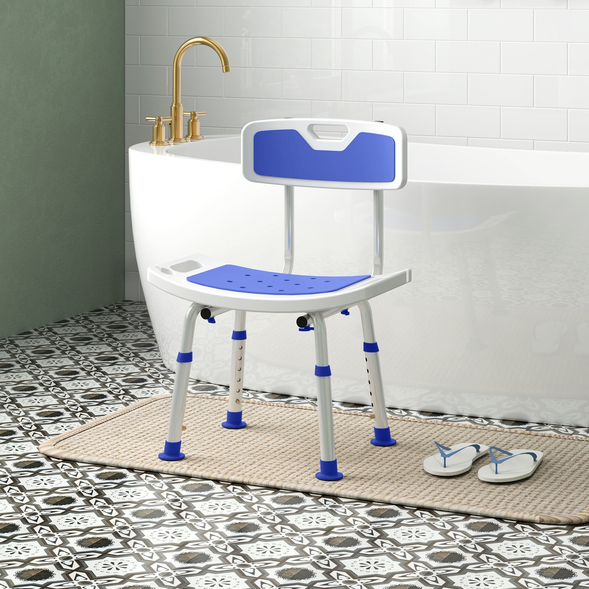 Shower Stool with Backrest, Height Adjustable Shower Chair with Anti-slip Foot Pads, Shower Head Holder, Blue