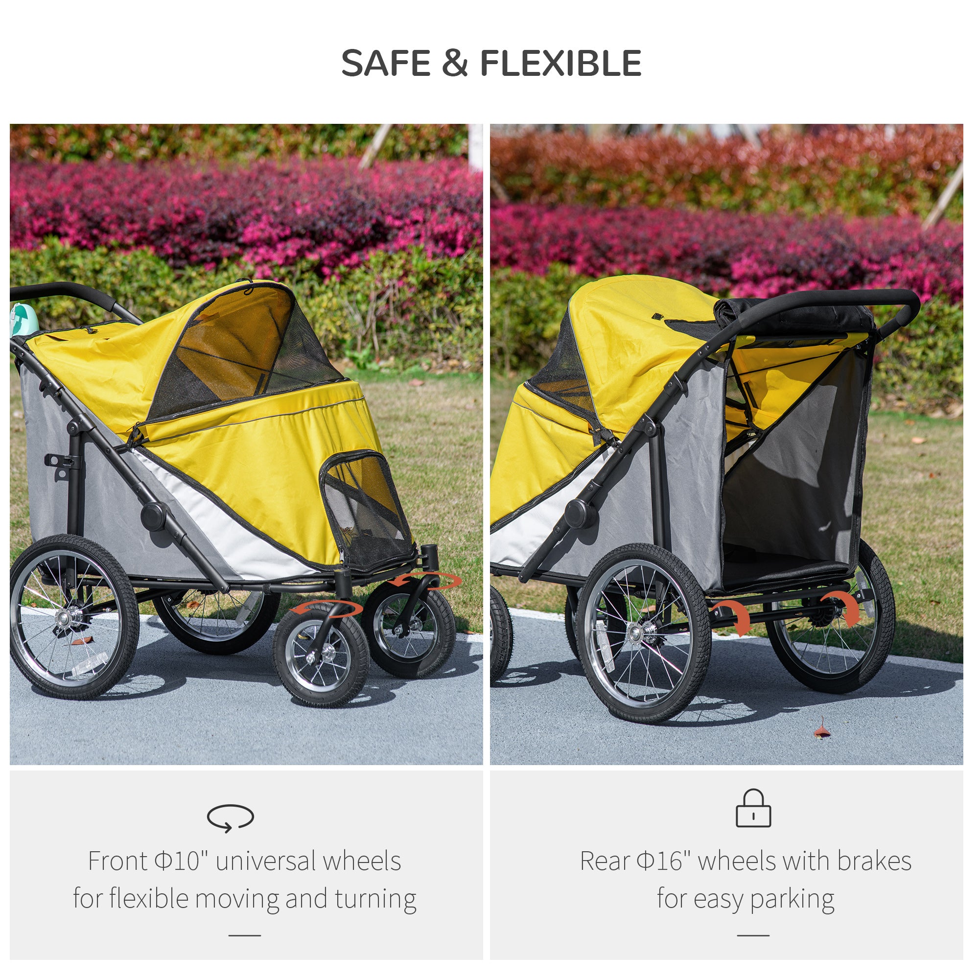 Foldable Pet Stroller, with Washable Cushion, Storage Bags, Safety Leash, for Medium, Large Dogs, Catts, Travel - Yellow