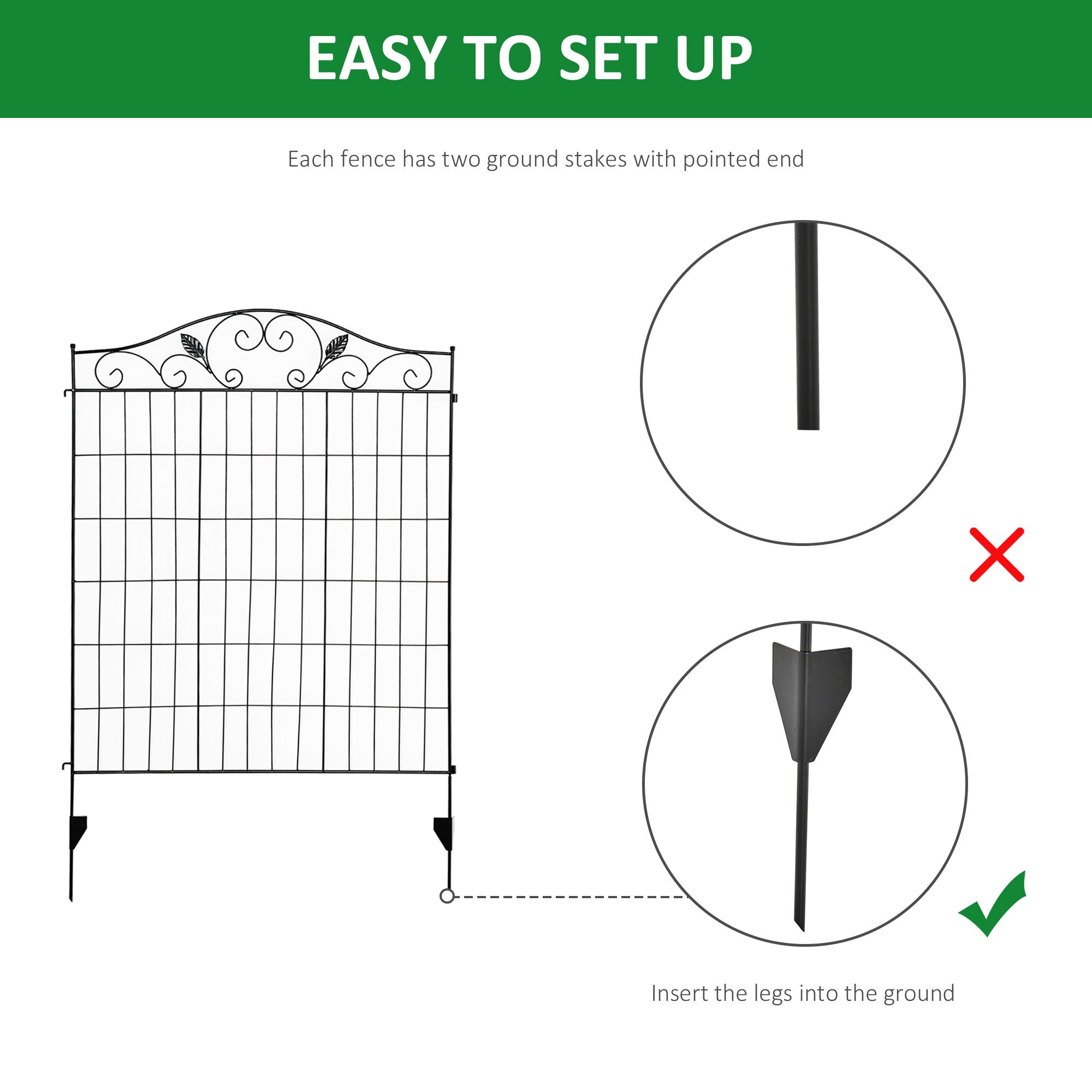 Set of 2 Decorative Garden Fence, 8 Panels Metal Picket Fence, Versatile Shapes for Patio Lawn, 365cm x 112cm, Black