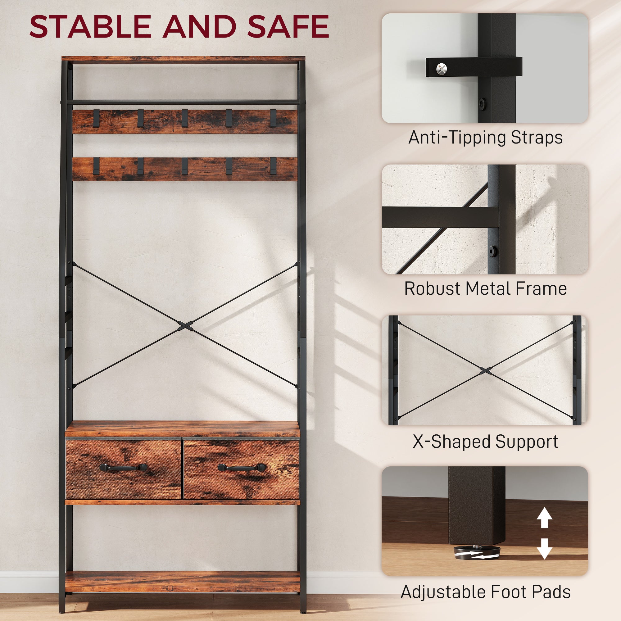 6-in-1 Industrial-Style Hallway Organiser - Brown/Black