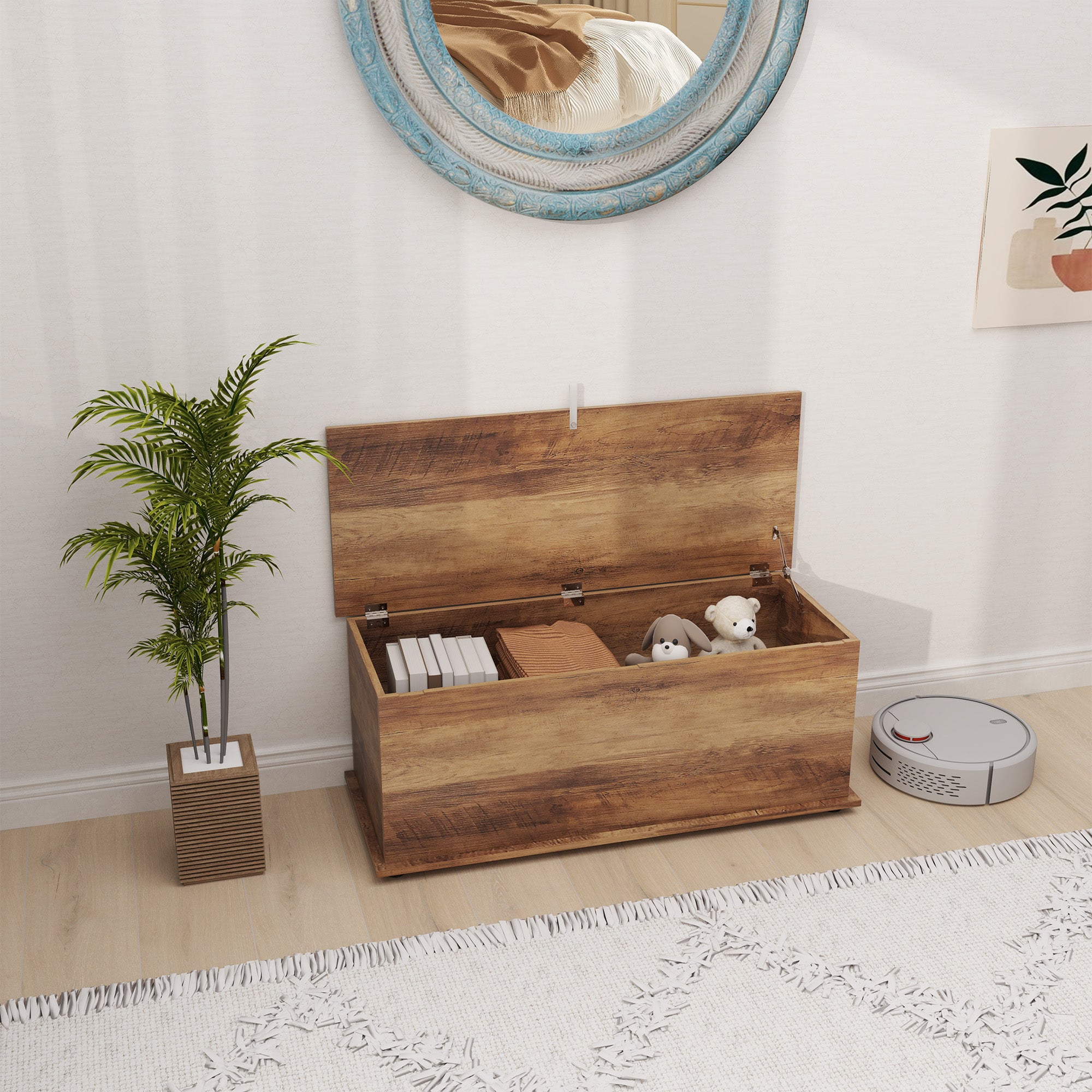 113L Storage Chest with Flip-Top Lid and Safety Hinges, Storage Trunk for Living Room and Entryway - Brown Wood Grain