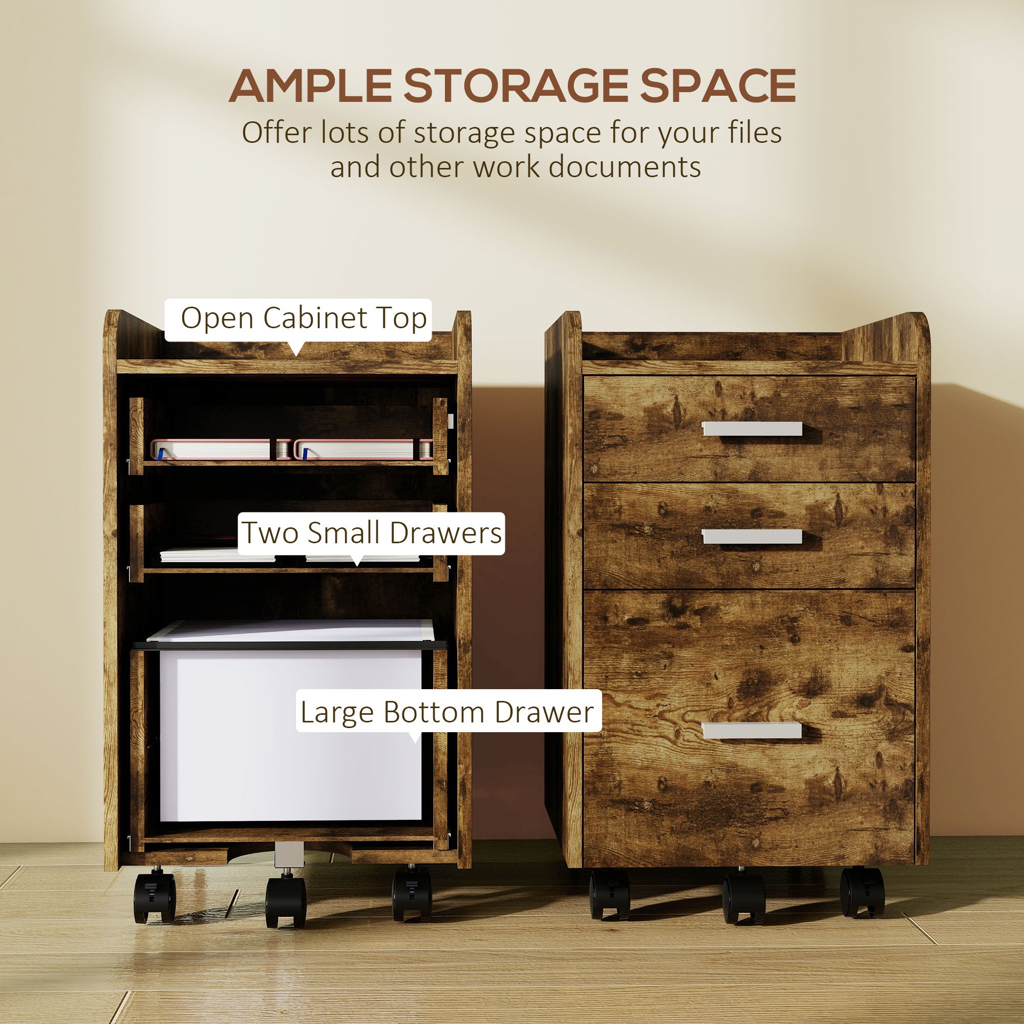 3 Drawer Filing Cabinet, Rolling File Cabinet with Edged Top for Letter, A4 Size, Hanging File Folders, Rustic Brown