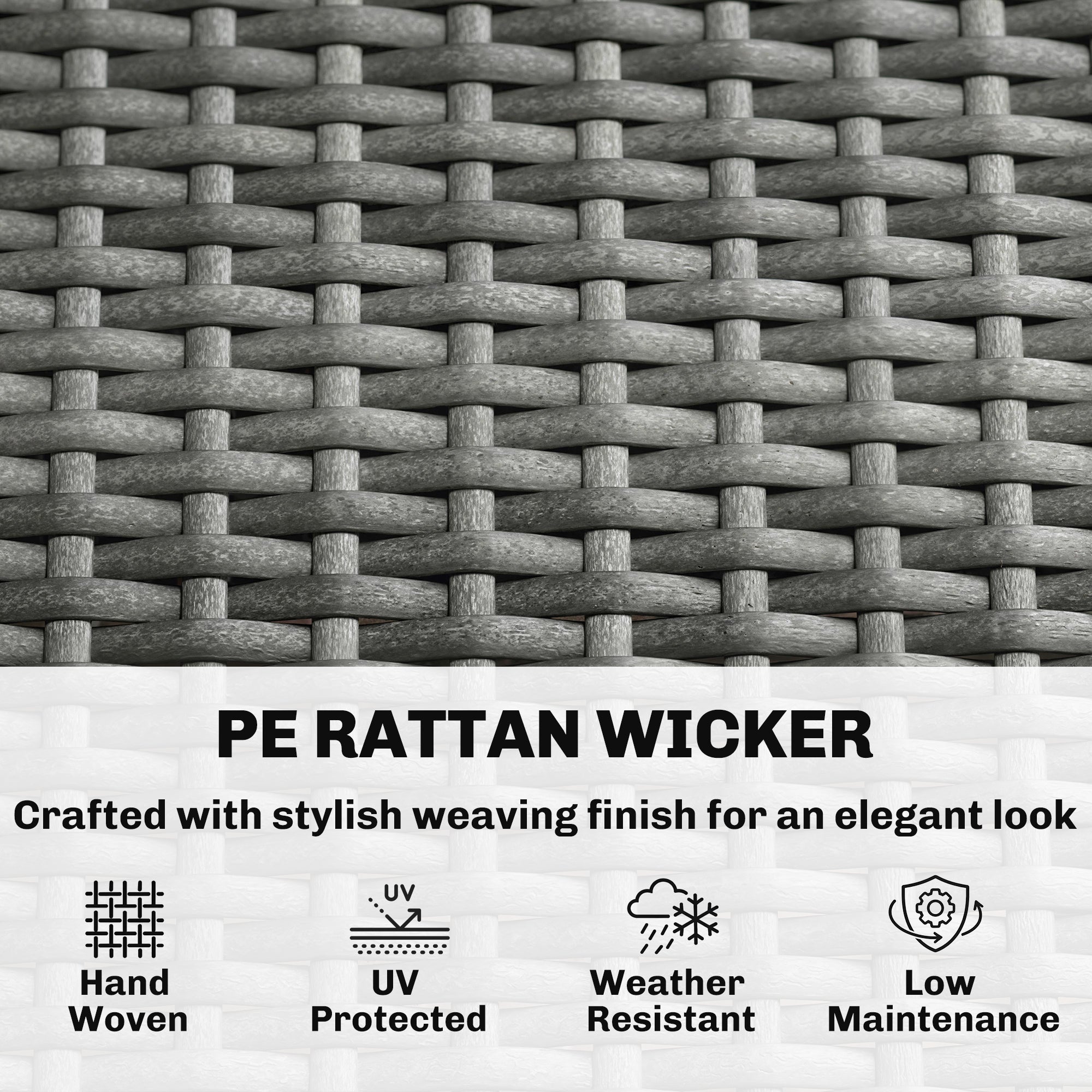 3 Seater Rattan Garden Sofa, PE Wicker Outdoor Sofa Wide Deep Seat, 4" Cushions, Wood-Effect Armrests Legs, Dark Grey