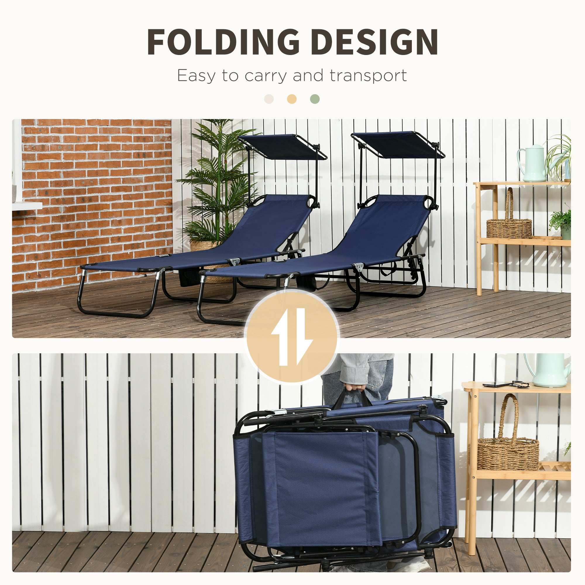 Set of Two Folding Sun Loungers, with Adjustable Backs and Sun Canopies - Dark Blue
