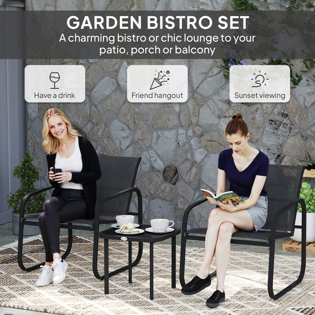 3 Piece Powder Coated Steel Garden Seating Set with Glass Table - Black