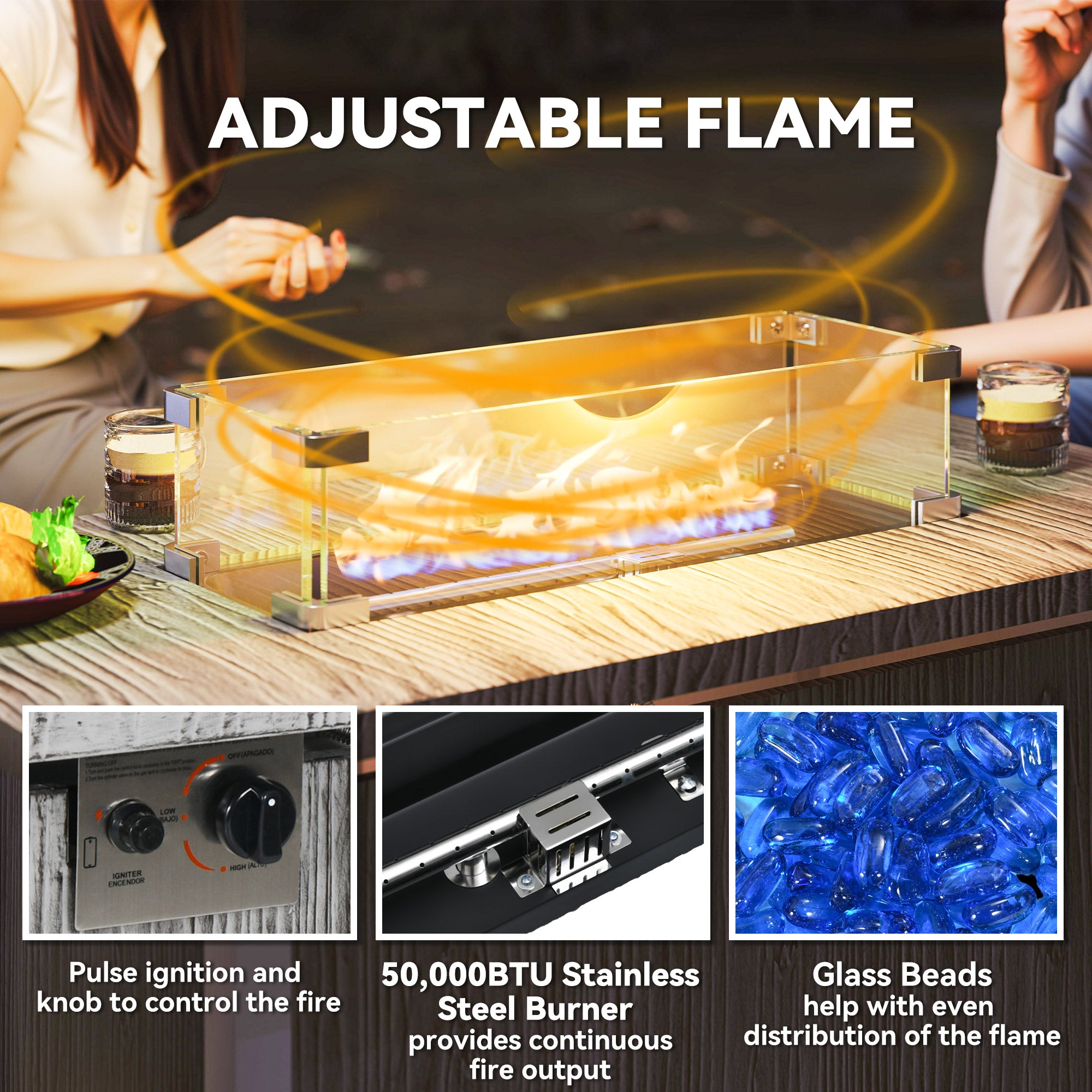50,000 BTU Gas Fire Pit Table with Cover and Glass Screen - Dark Grey